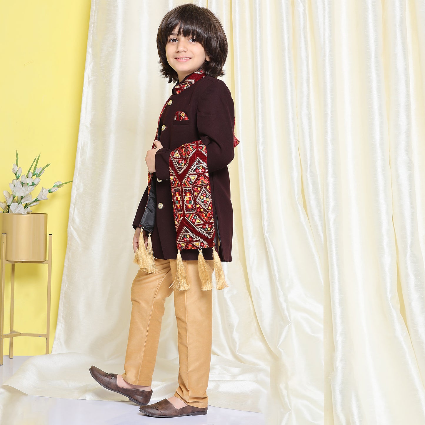 Kids Boys Maroon Embroidered Cotton Polyester Sherwani