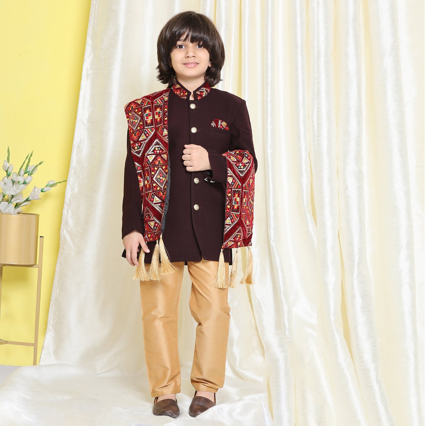 Kids Boys Maroon Embroidered Cotton Polyester Sherwani