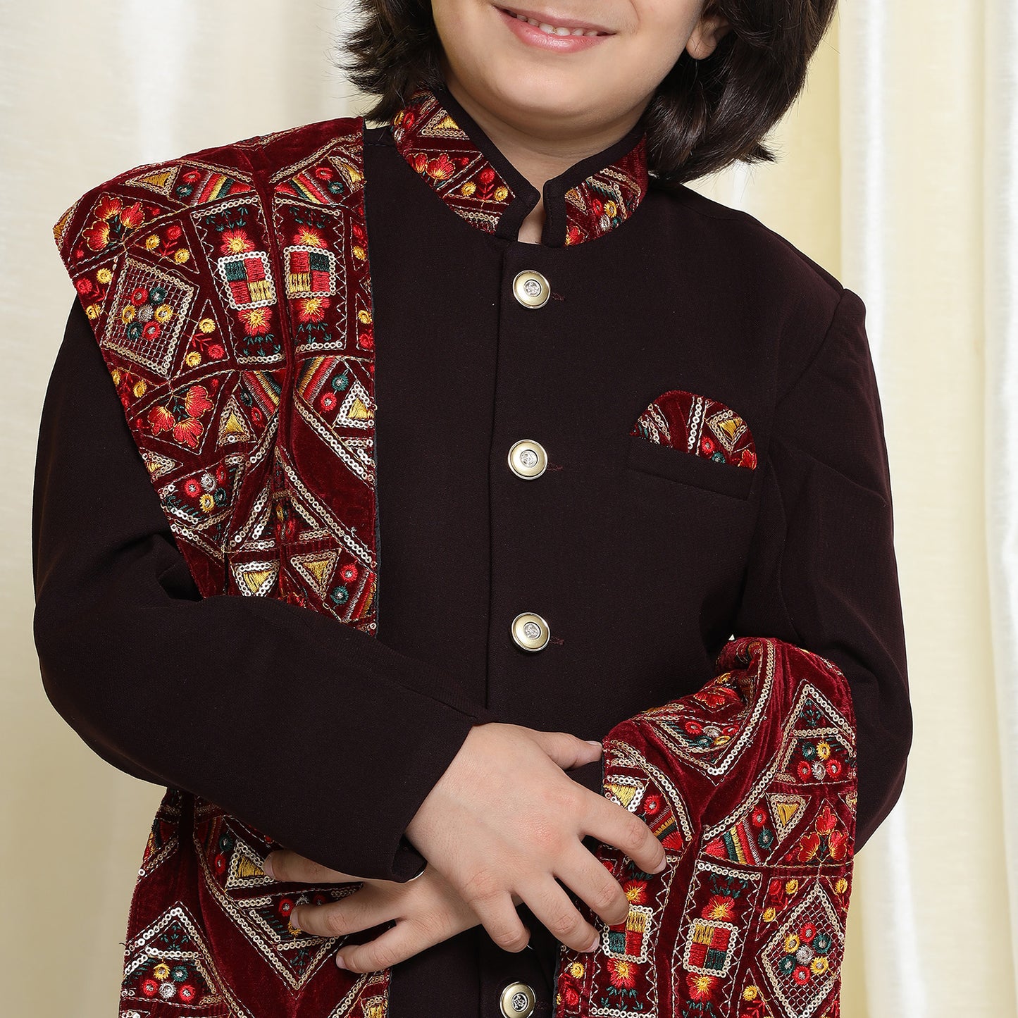 Kids Boys Maroon Embroidered Cotton Polyester Sherwani