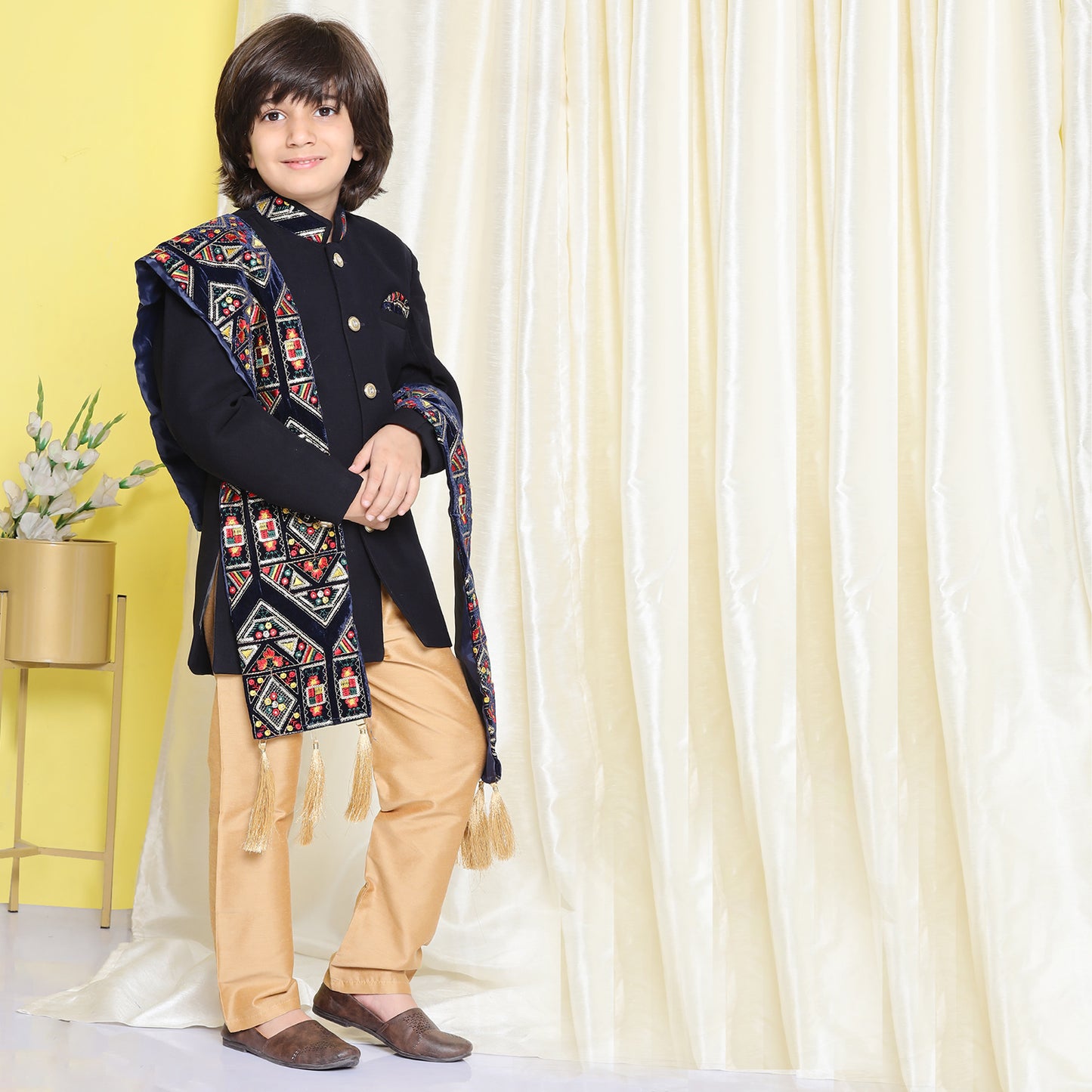 Kids Boys Navy Blue Embroidered Cotton Polyester Sherwani