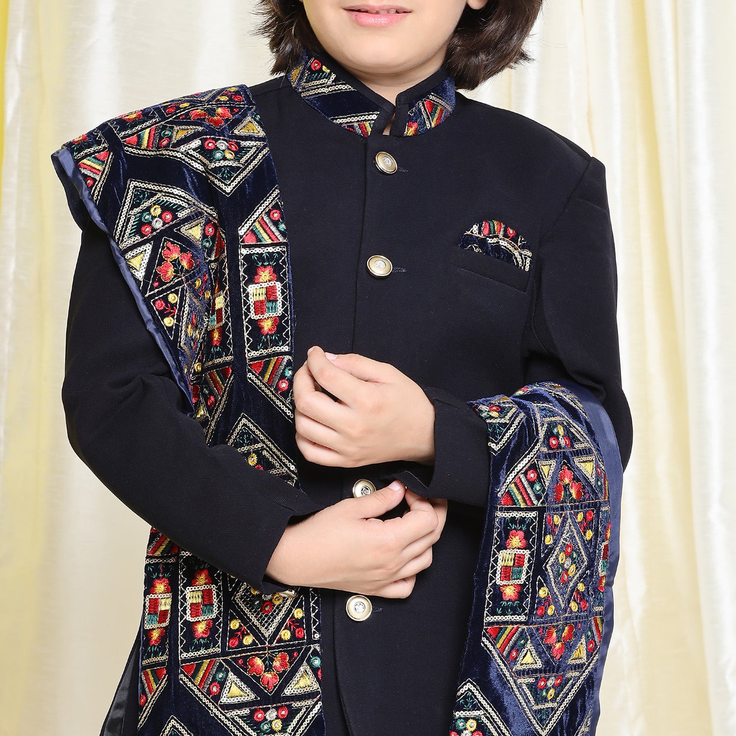 Kids Boys Navy Blue Embroidered Cotton Polyester Sherwani