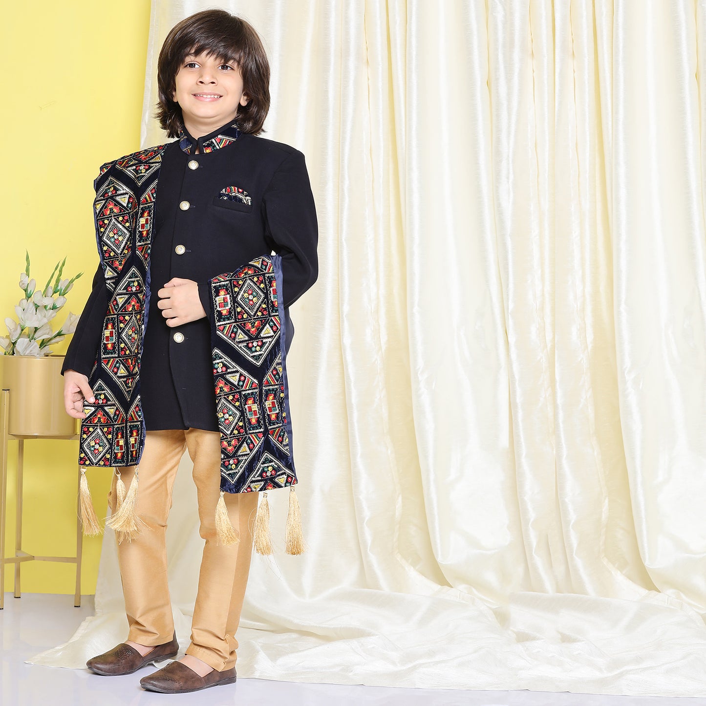 Kids Boys Navy Blue Embroidered Cotton Polyester Sherwani