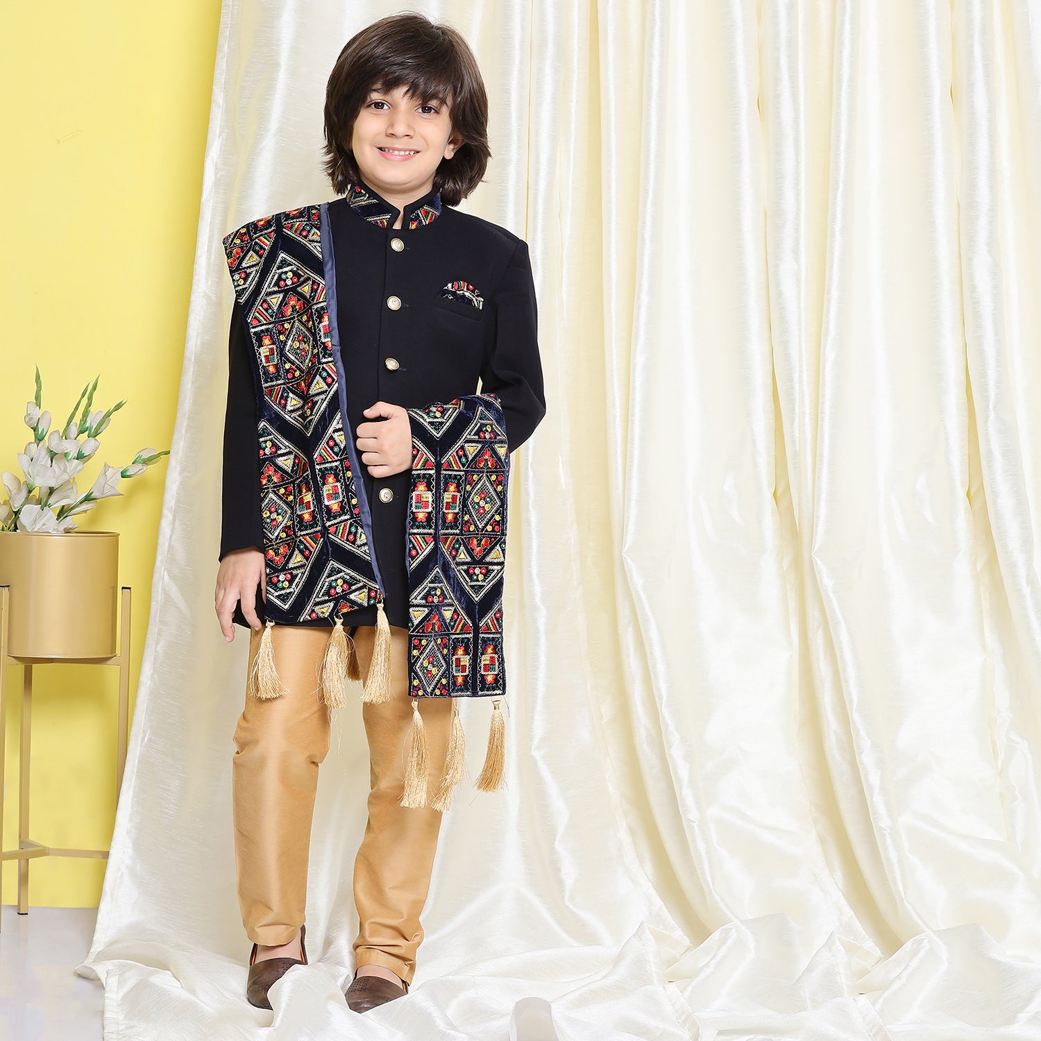 Kids Boys Navy Blue Embroidered Cotton Polyester Sherwani