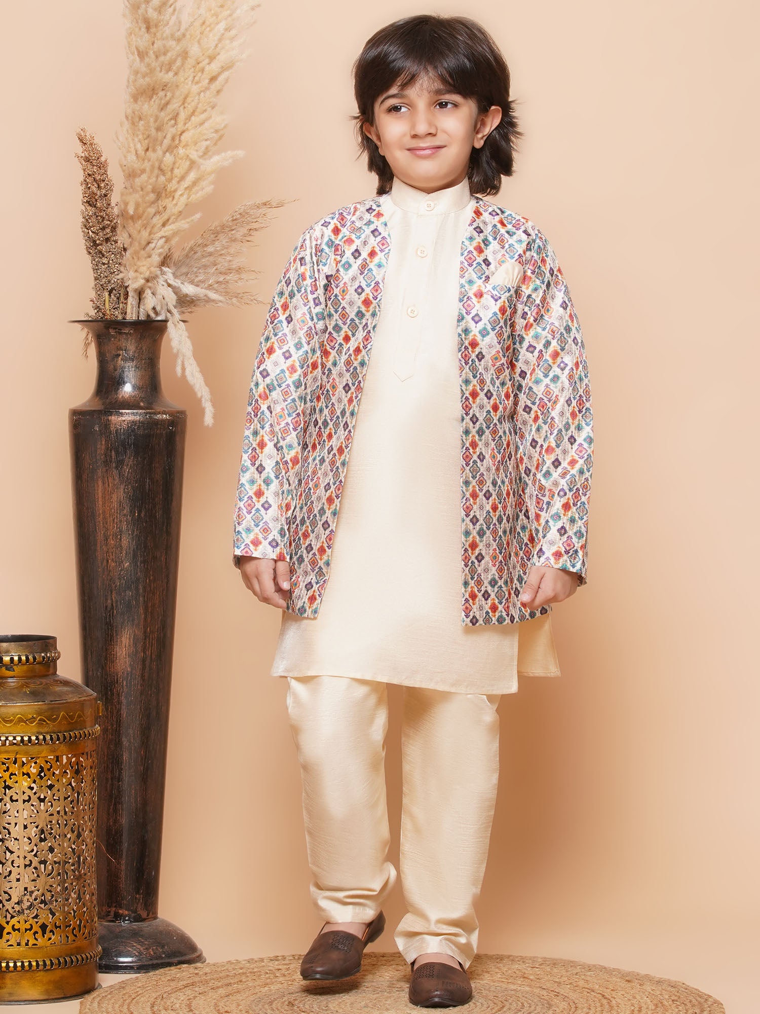 Kids Boys Fawn Printed Silk Blend Sherwani - AJ Dezines