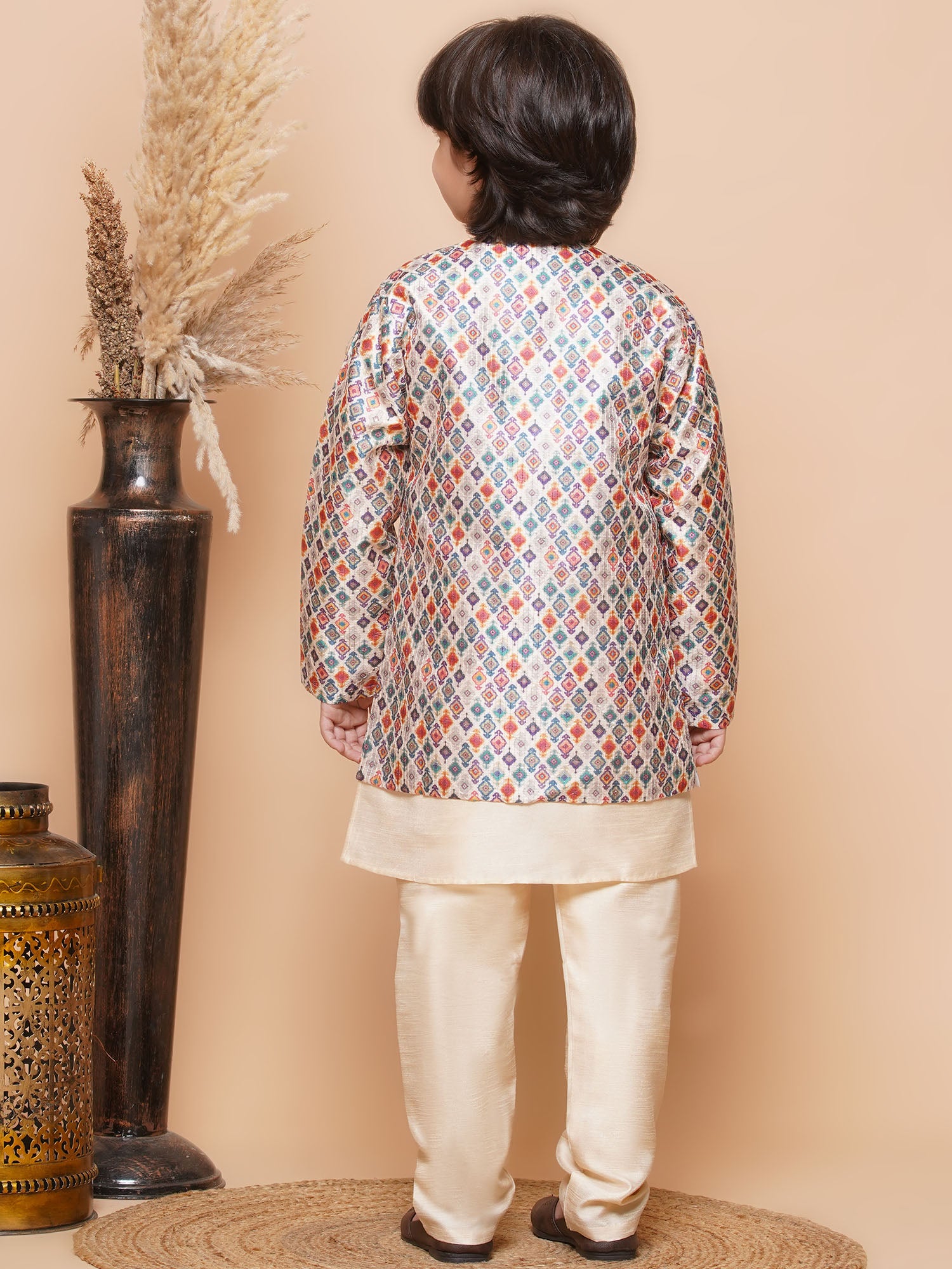 Kids Boys Fawn Printed Silk Blend Sherwani - AJ Dezines