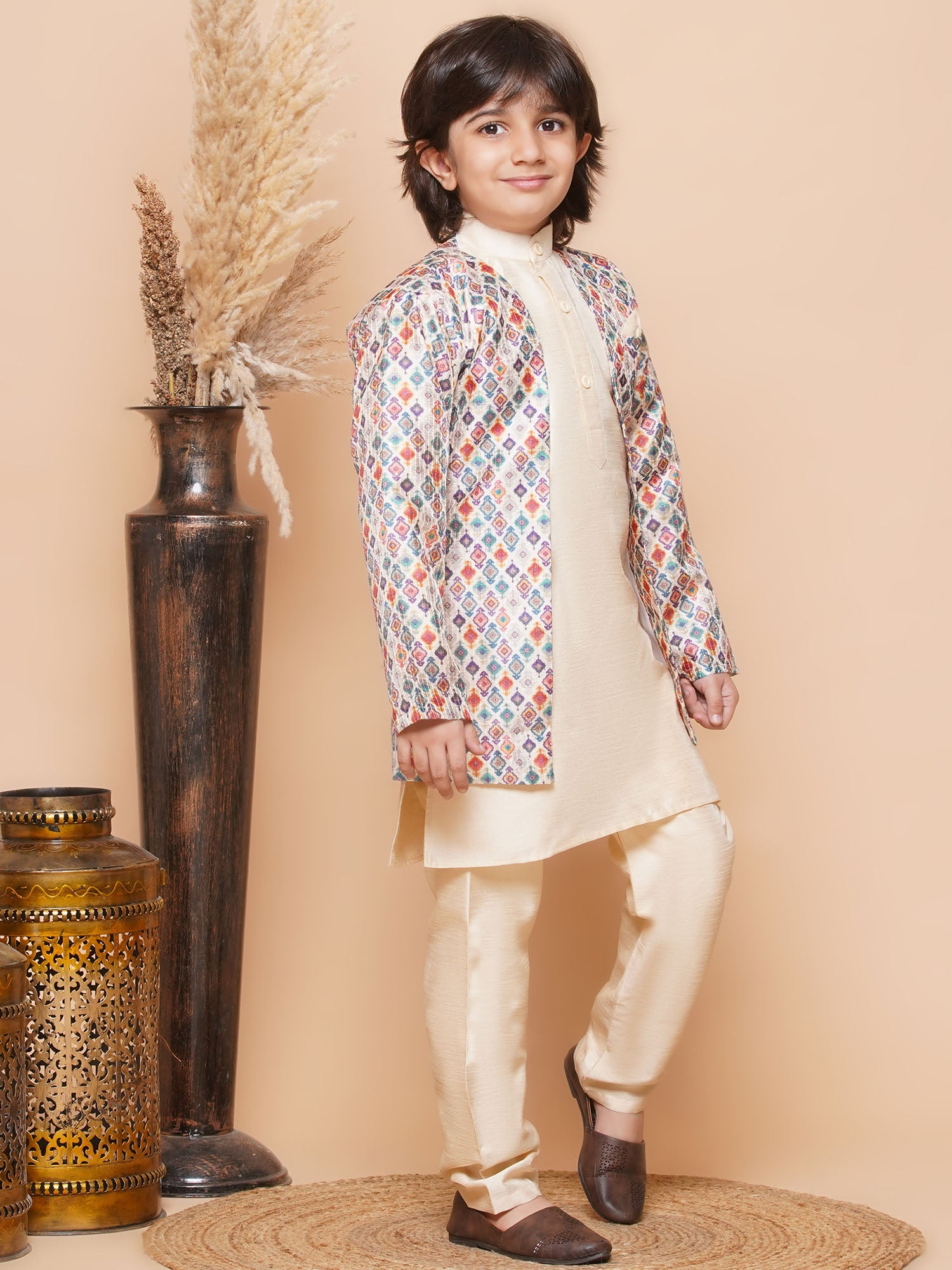 Kids Boys Fawn Printed Silk Blend Sherwani - AJ Dezines