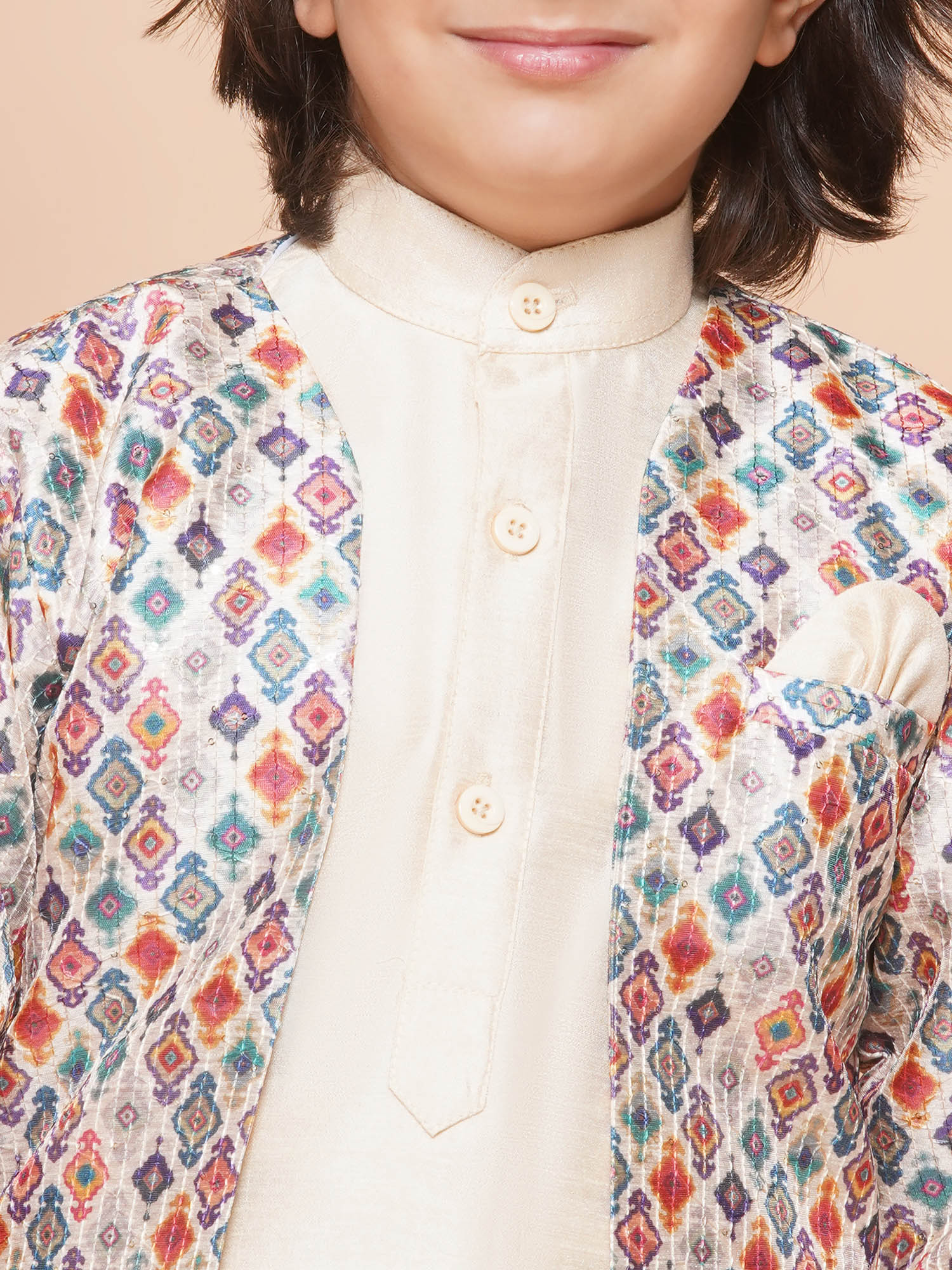 Kids Boys Fawn Printed Silk Blend Sherwani - AJ Dezines