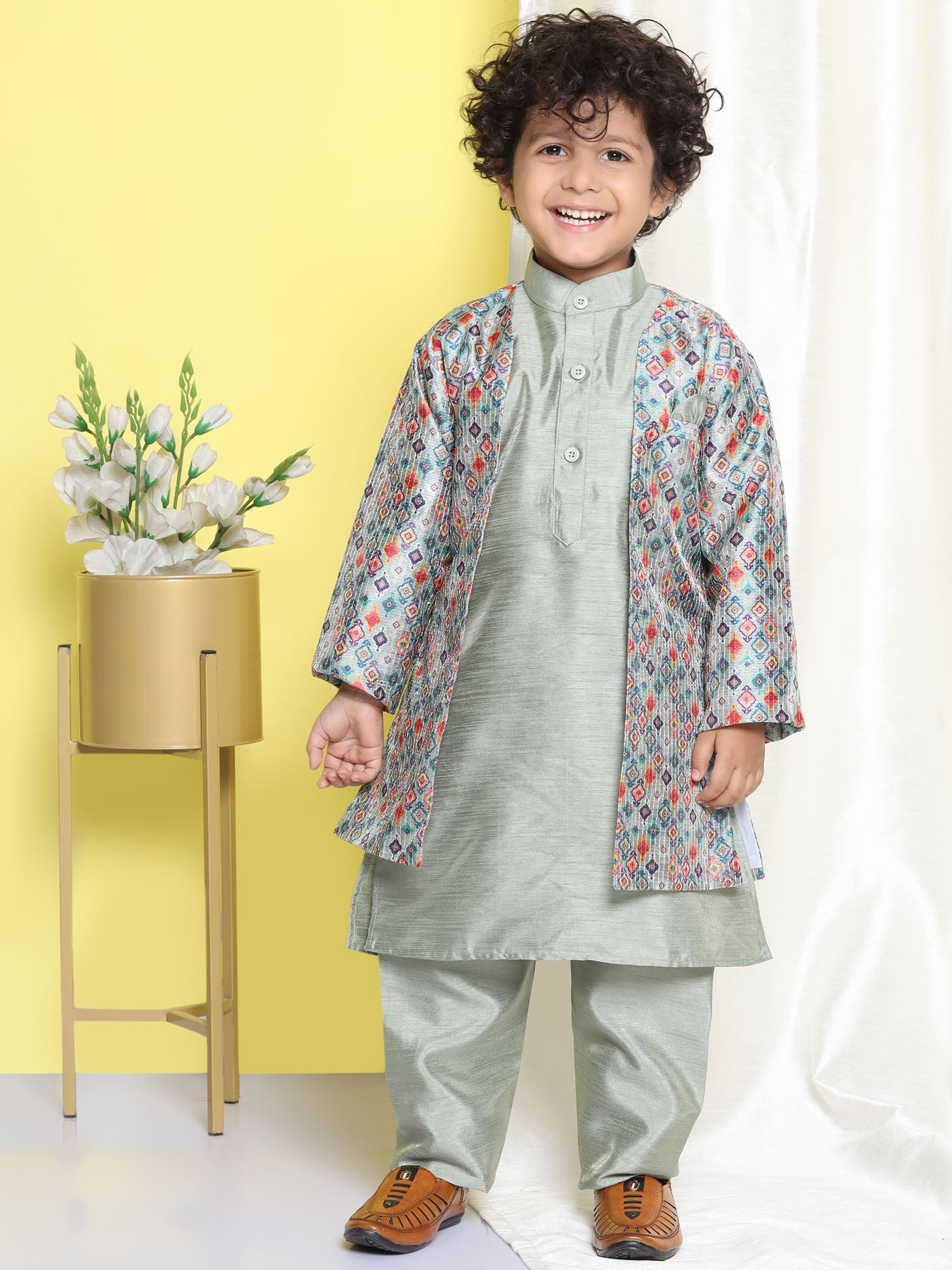 Kids Boys Pista Printed Silk Blend Sherwani - AJ Dezines