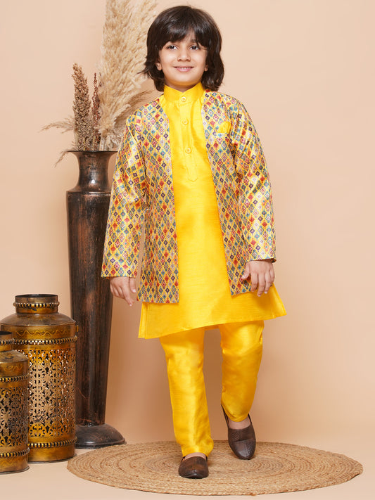 Kids Yellow Cotton Silk Printed 3pc Kurta Set For Boys