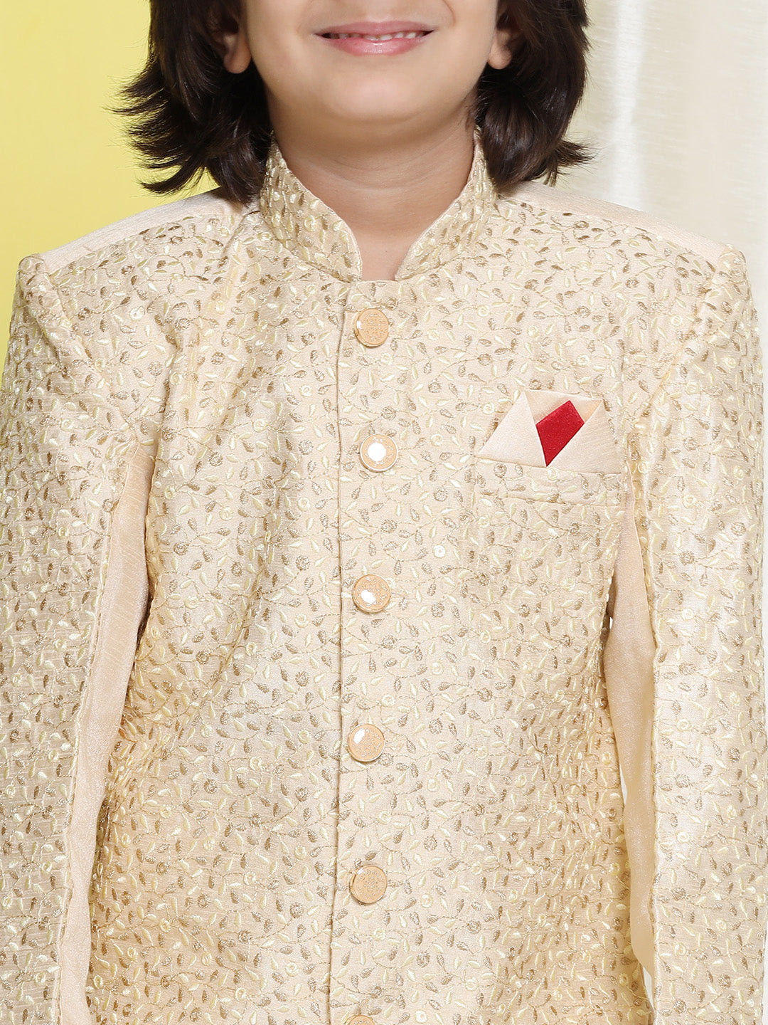 Boys Beige Silk Blend Embroidered Mandarin Collar Indo Western Set