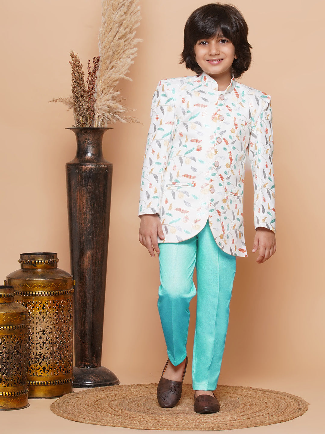 Kids Boys BLUE Floral Print Jacquard Indo Western