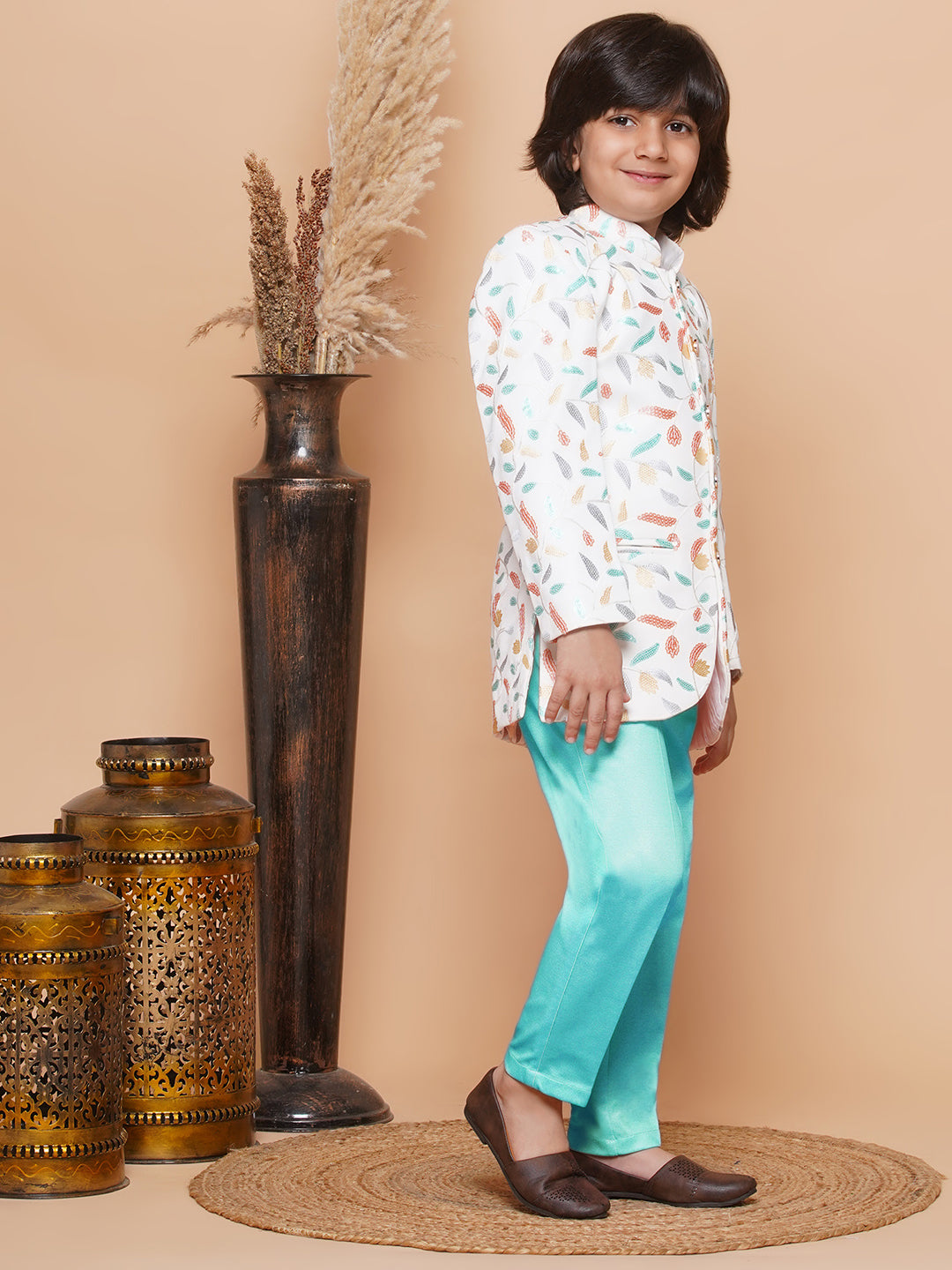 Kids Boys BLUE Floral Print Jacquard Indo Western - AJ Dezines