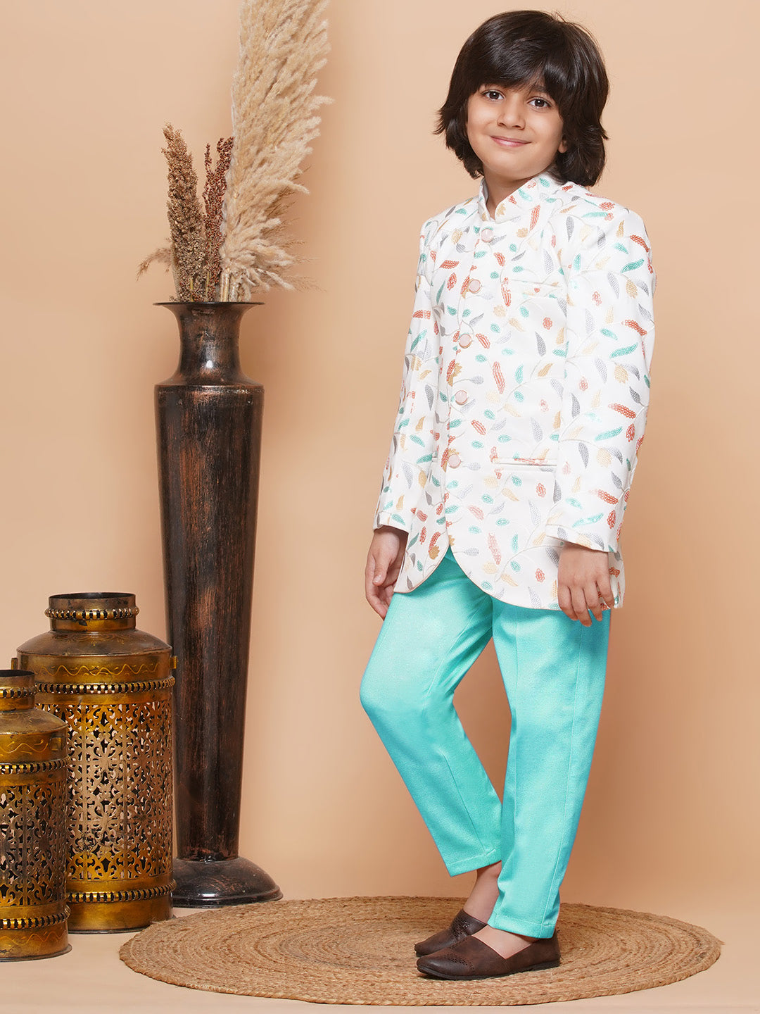 Kids Boys BLUE Floral Print Jacquard Indo Western - AJ Dezines