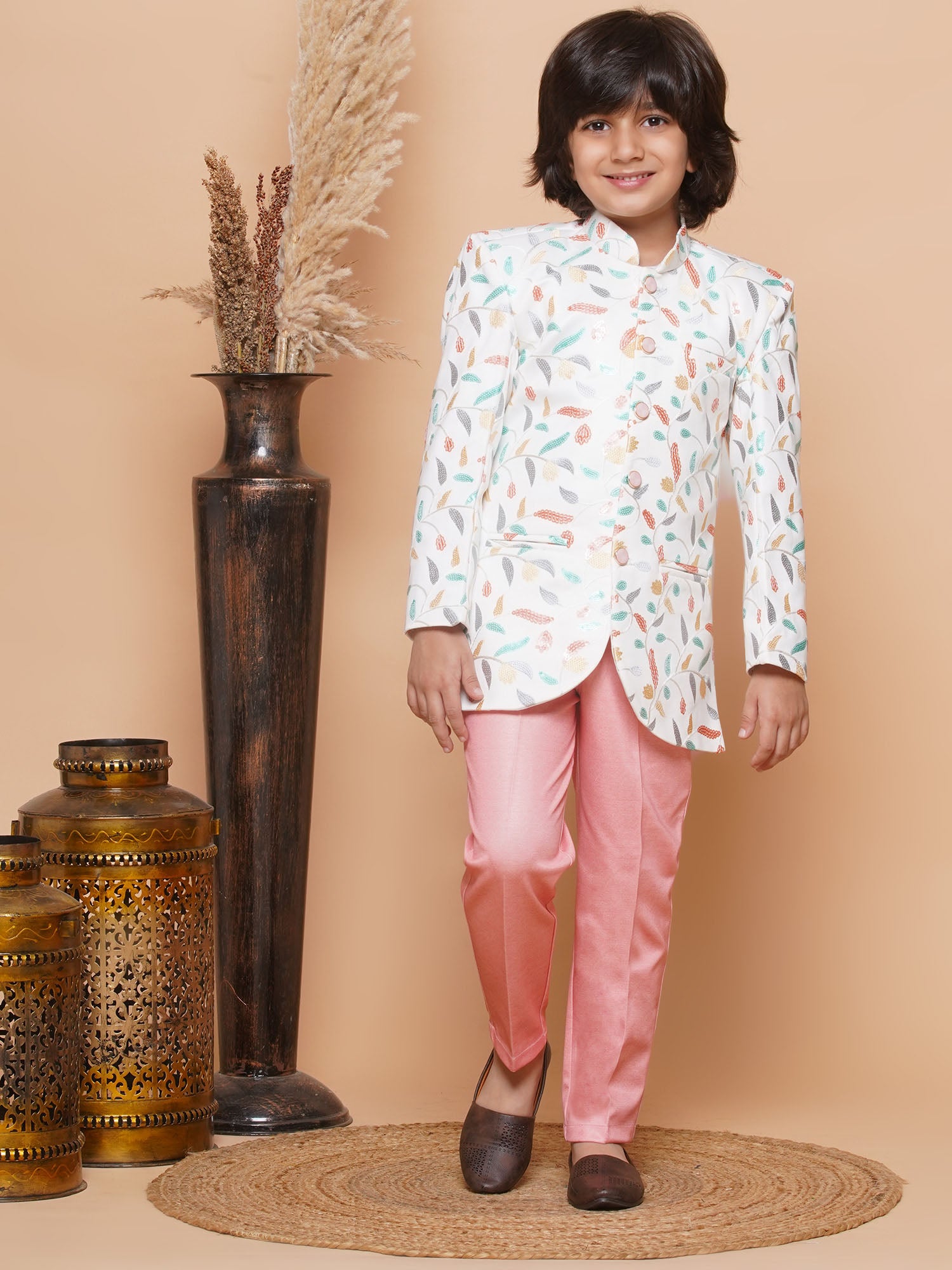 Kids Boys PEACH Floral Print Jacquard Indo Western