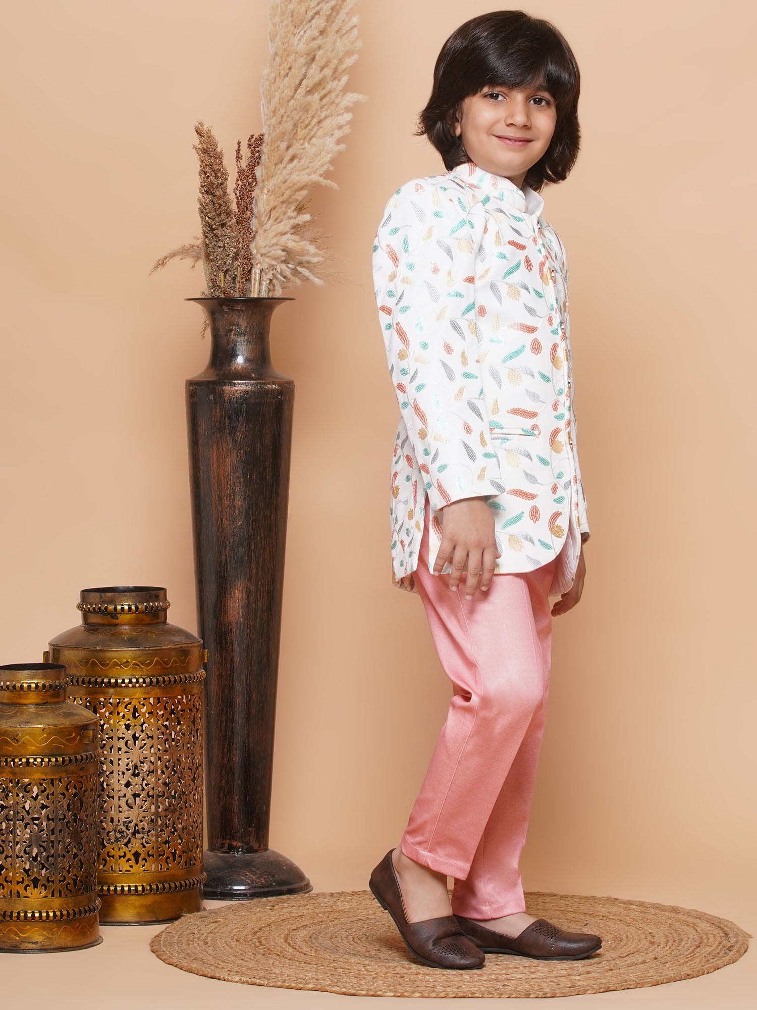 Kids Boys PEACH Floral Print Jacquard Indo Western - AJ Dezines