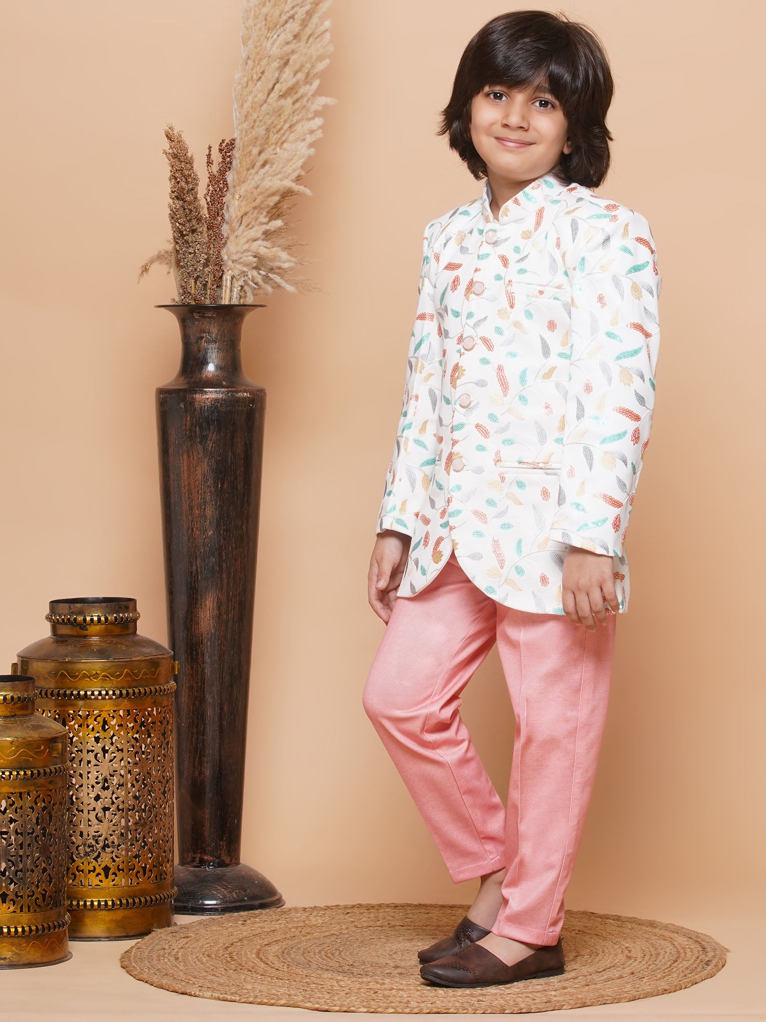 Kids Boys PEACH Floral Print Jacquard Indo Western - AJ Dezines