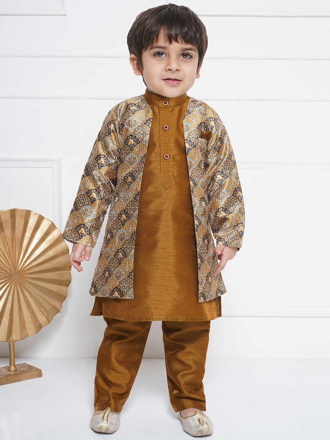 Kids Boys Brown Printed Silk Blend Sherwani