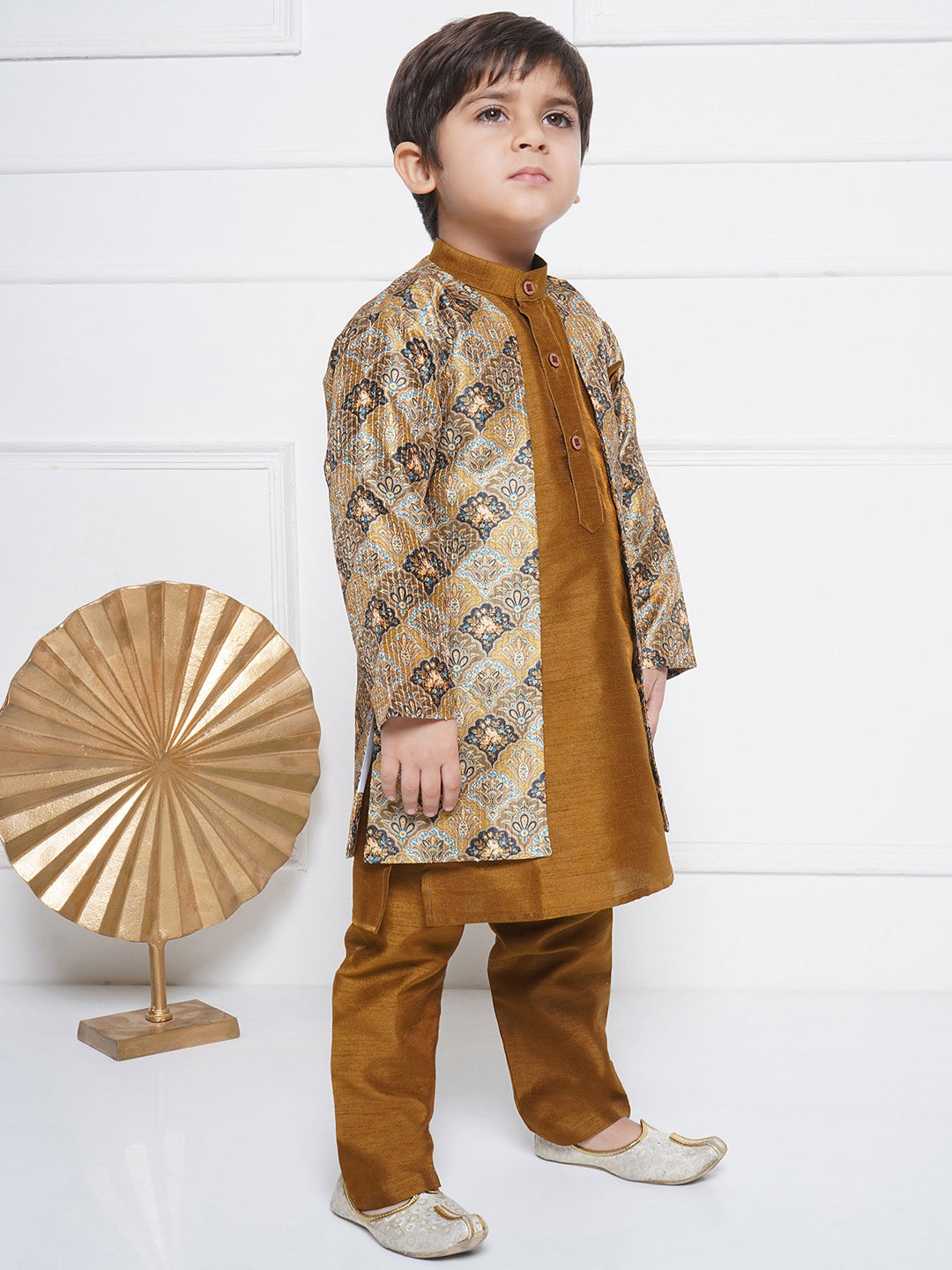 Kids Boys Brown Printed Silk Blend Sherwani - AJ Dezines