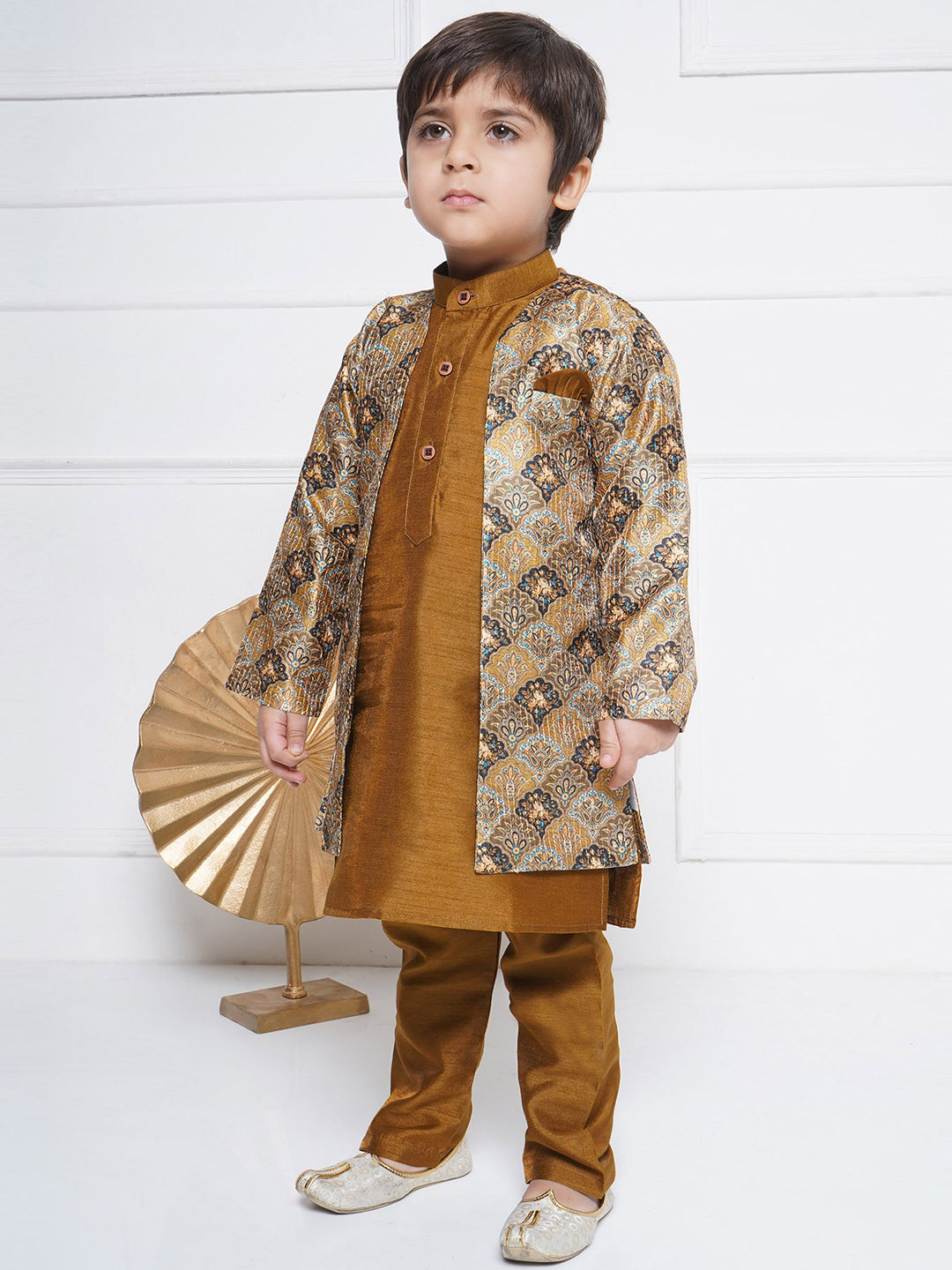 Kids Boys Brown Printed Silk Blend Sherwani