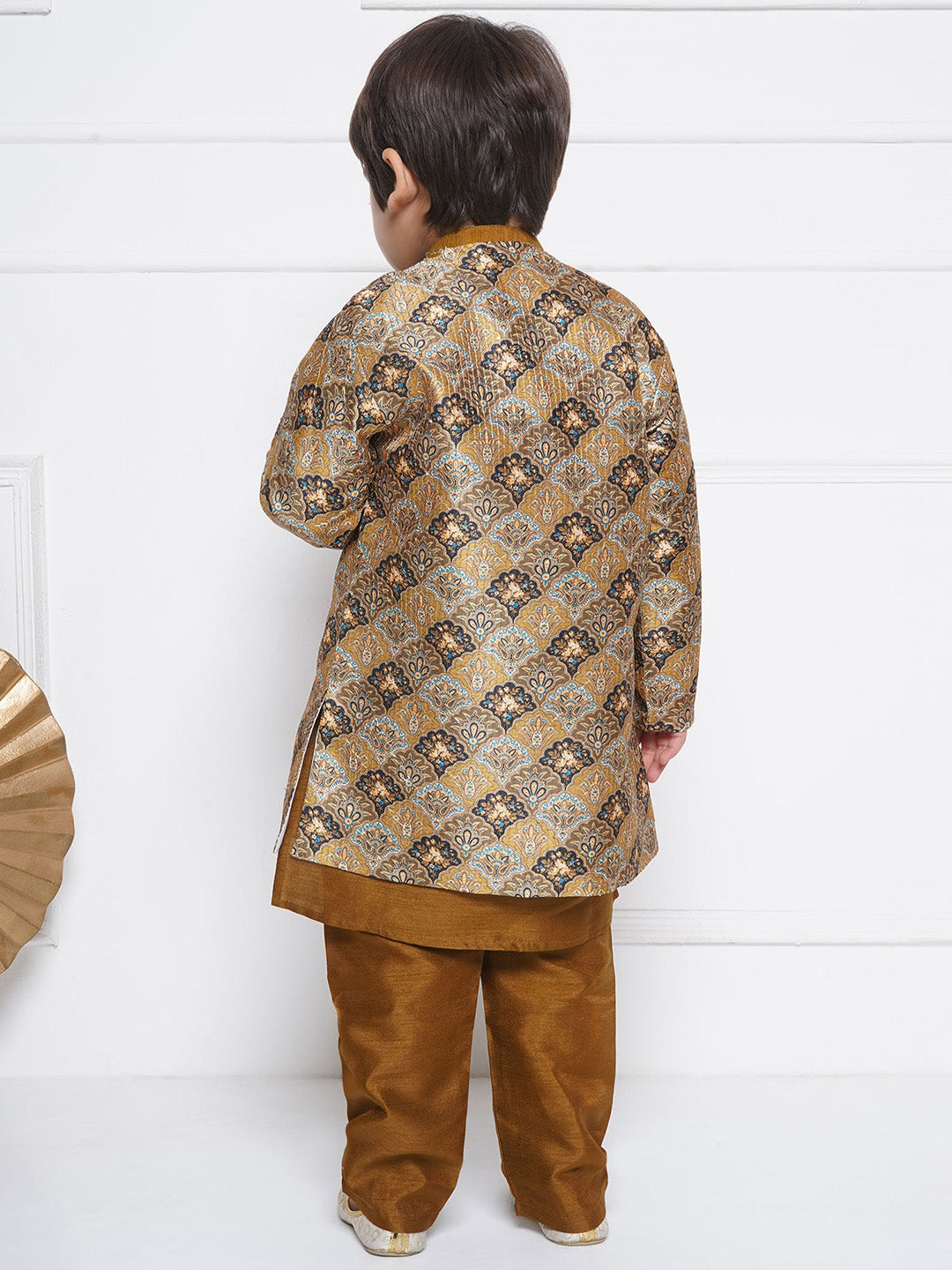Kids Boys Brown Printed Silk Blend Sherwani - AJ Dezines