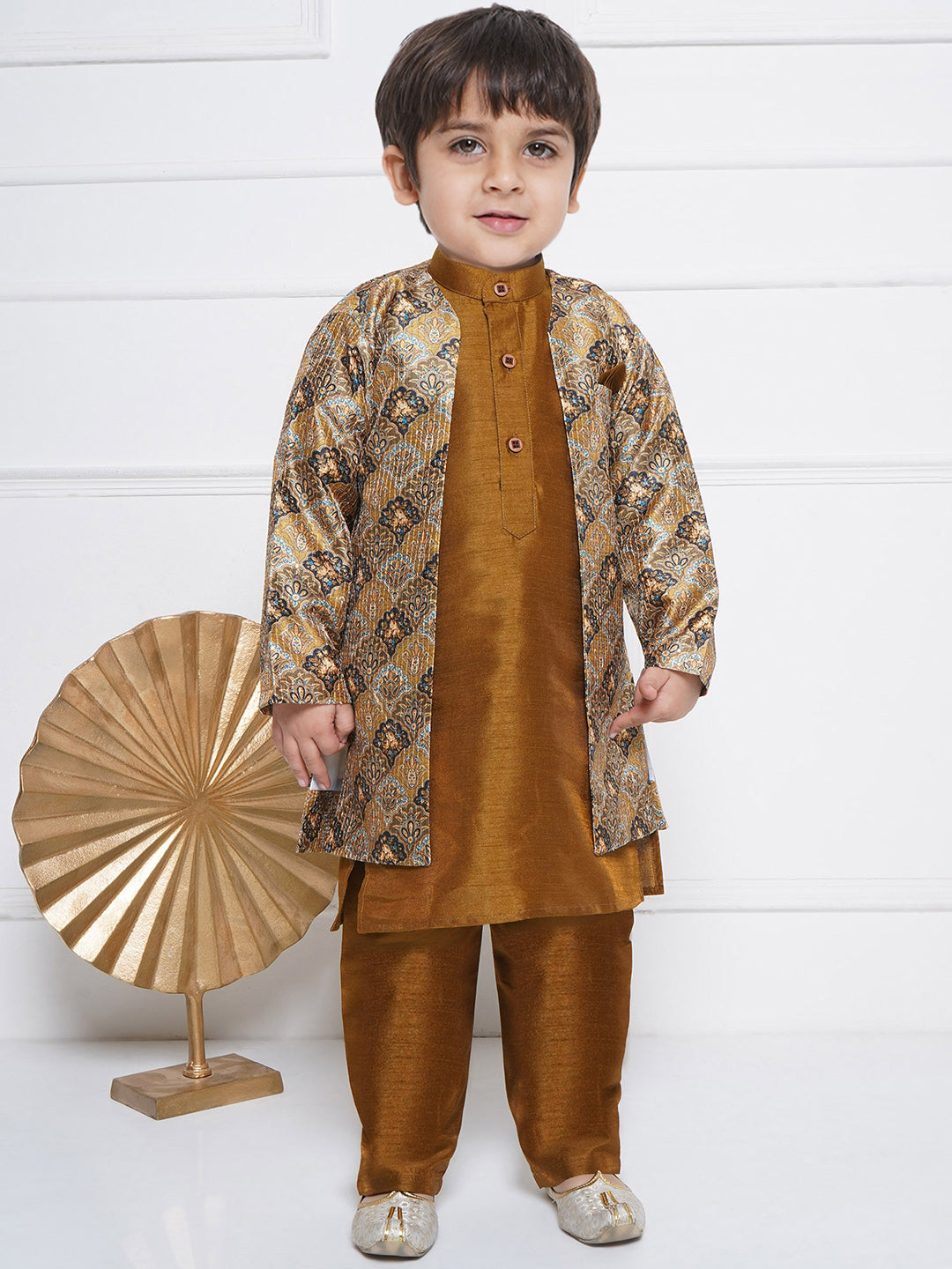 Kids Boys Brown Printed Silk Blend Sherwani - AJ Dezines