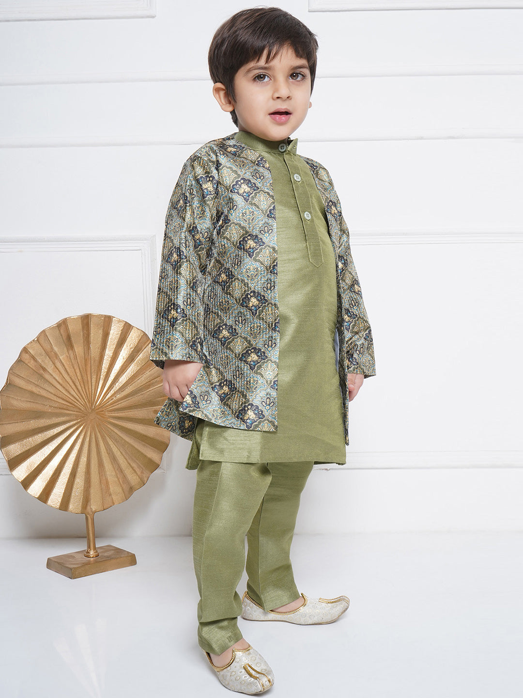 Kids Boys Pista Printed Silk Blend Sherwani