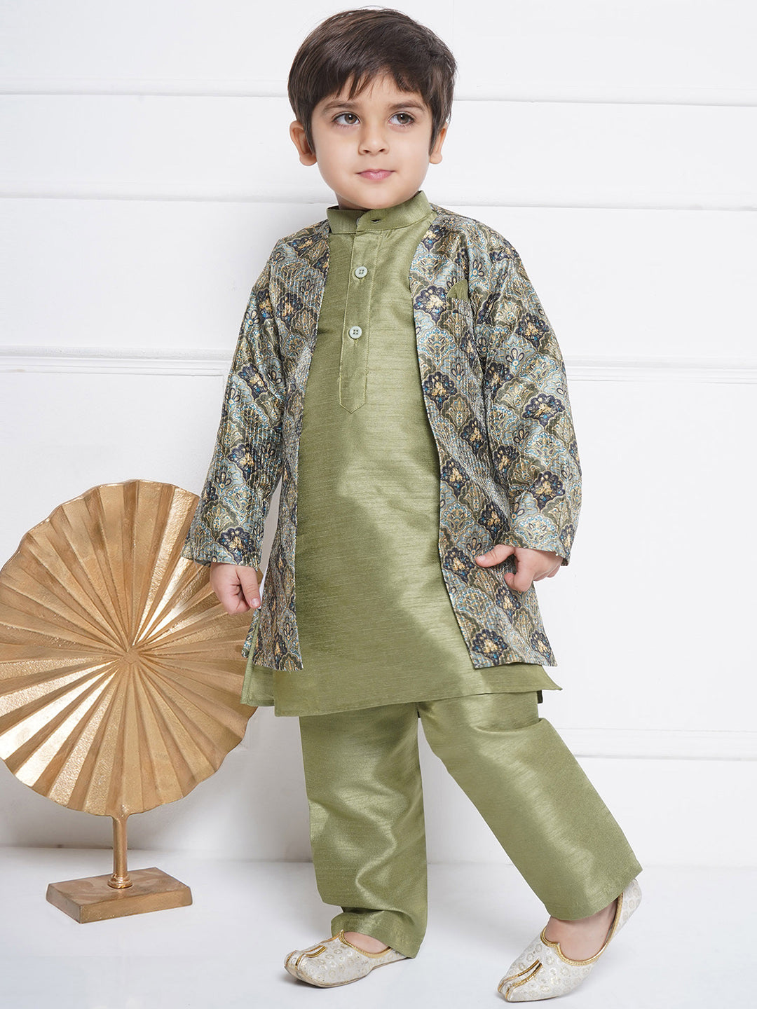 Kids Boys Pista Printed Silk Blend Sherwani