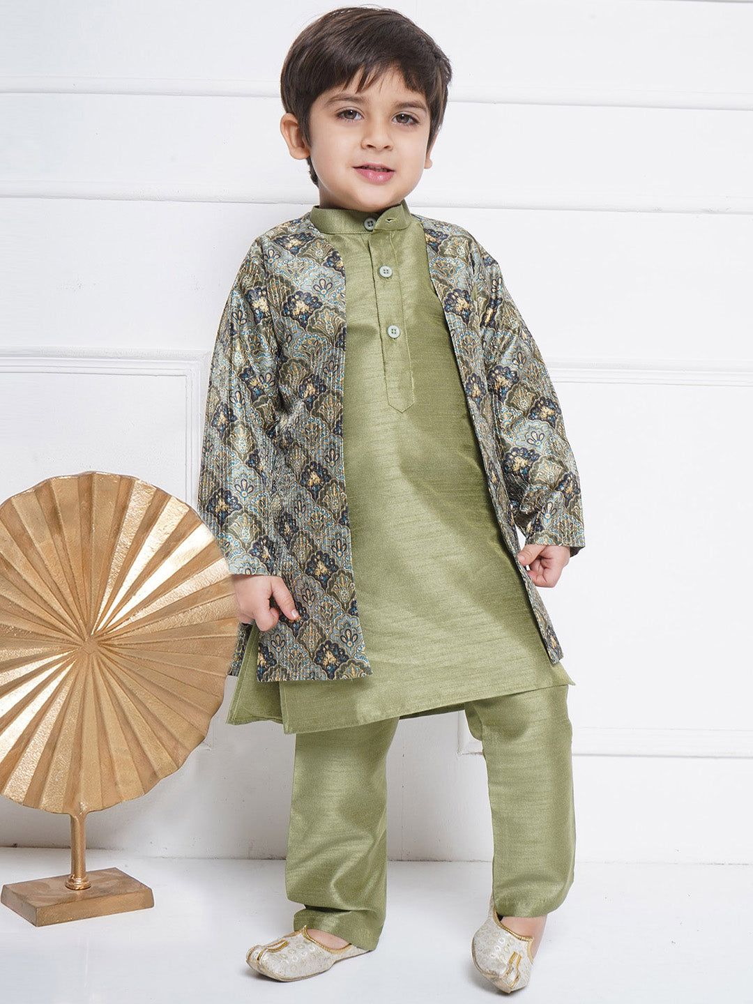 Kids Boys Pista Printed Silk Blend Sherwani