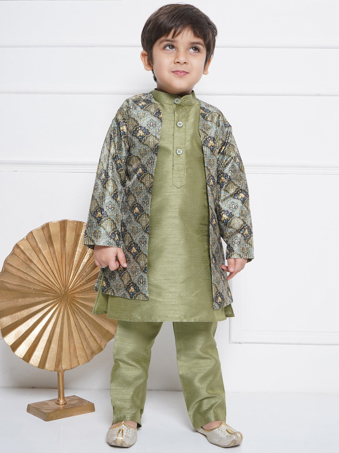 Kids Boys Pista Printed Silk Blend Sherwani