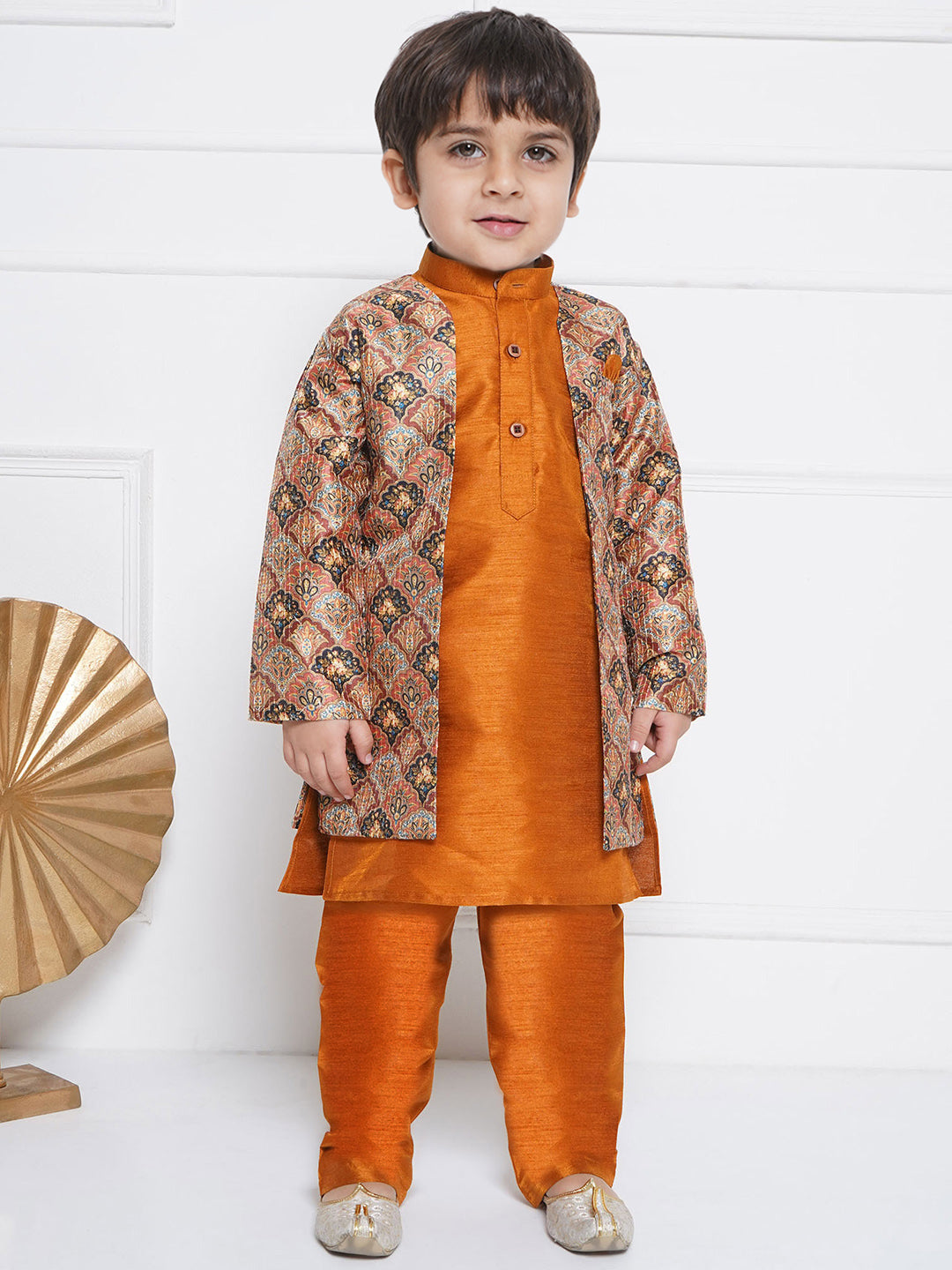 Kids Boys Rust Printed Silk Blend Sherwani