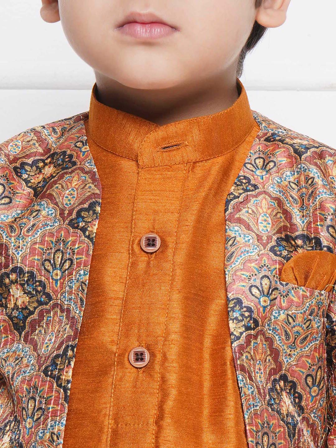 Kids Boys Rust Printed Silk Blend Sherwani