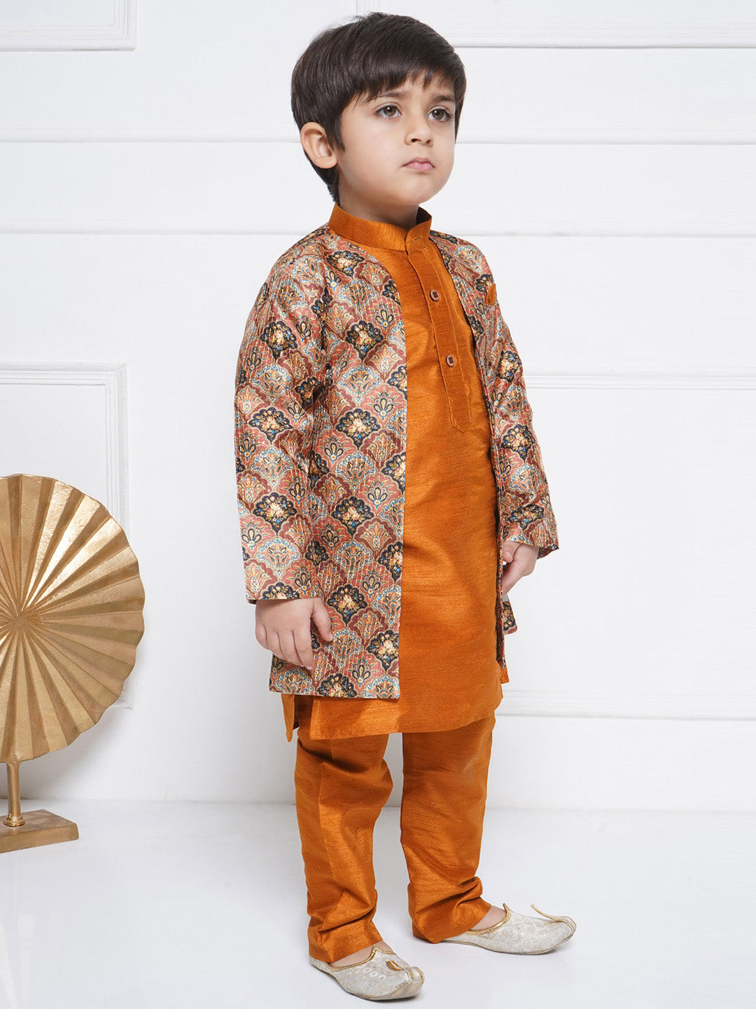 Kids Boys Rust Printed Silk Blend Sherwani