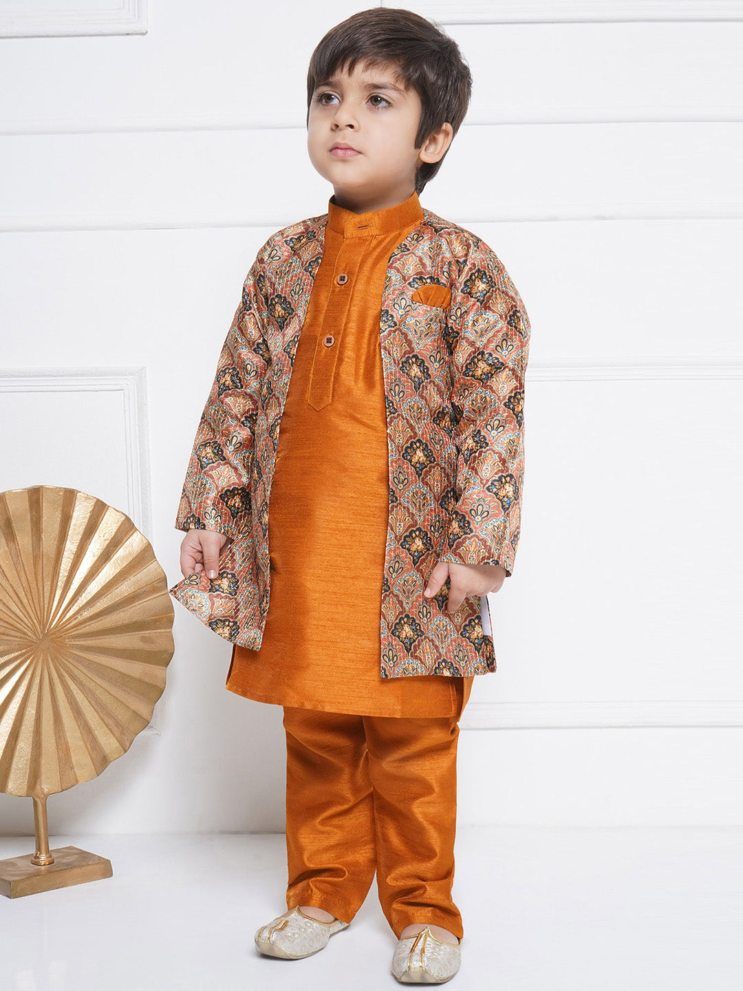 Kids Boys Rust Printed Silk Blend Sherwani