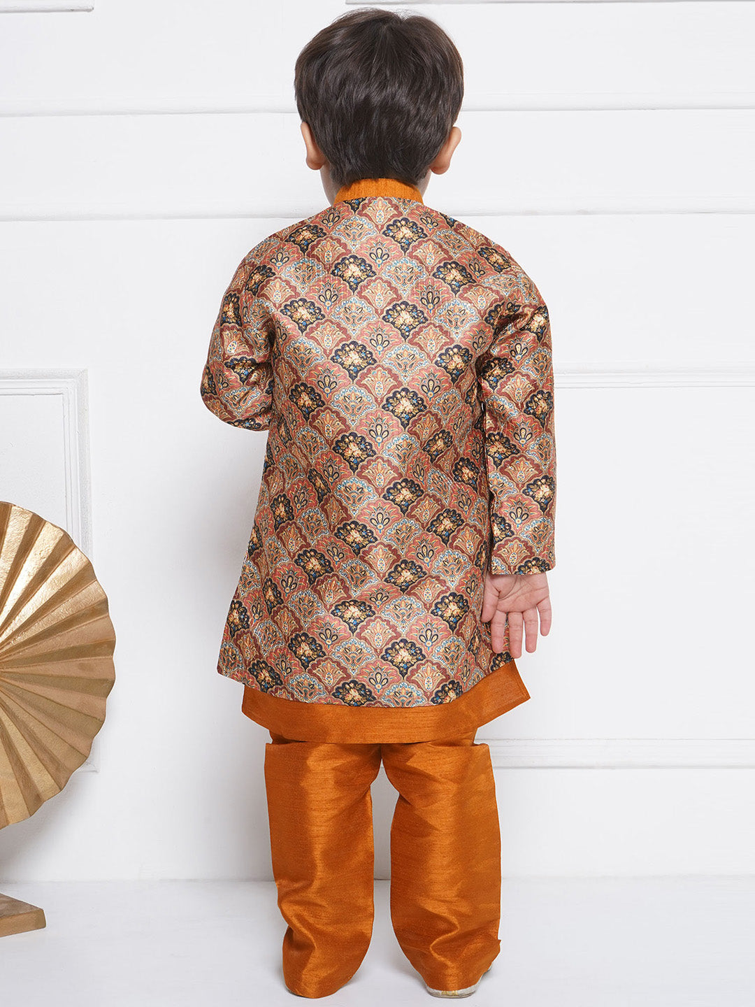 Kids Boys Rust Printed Silk Blend Sherwani