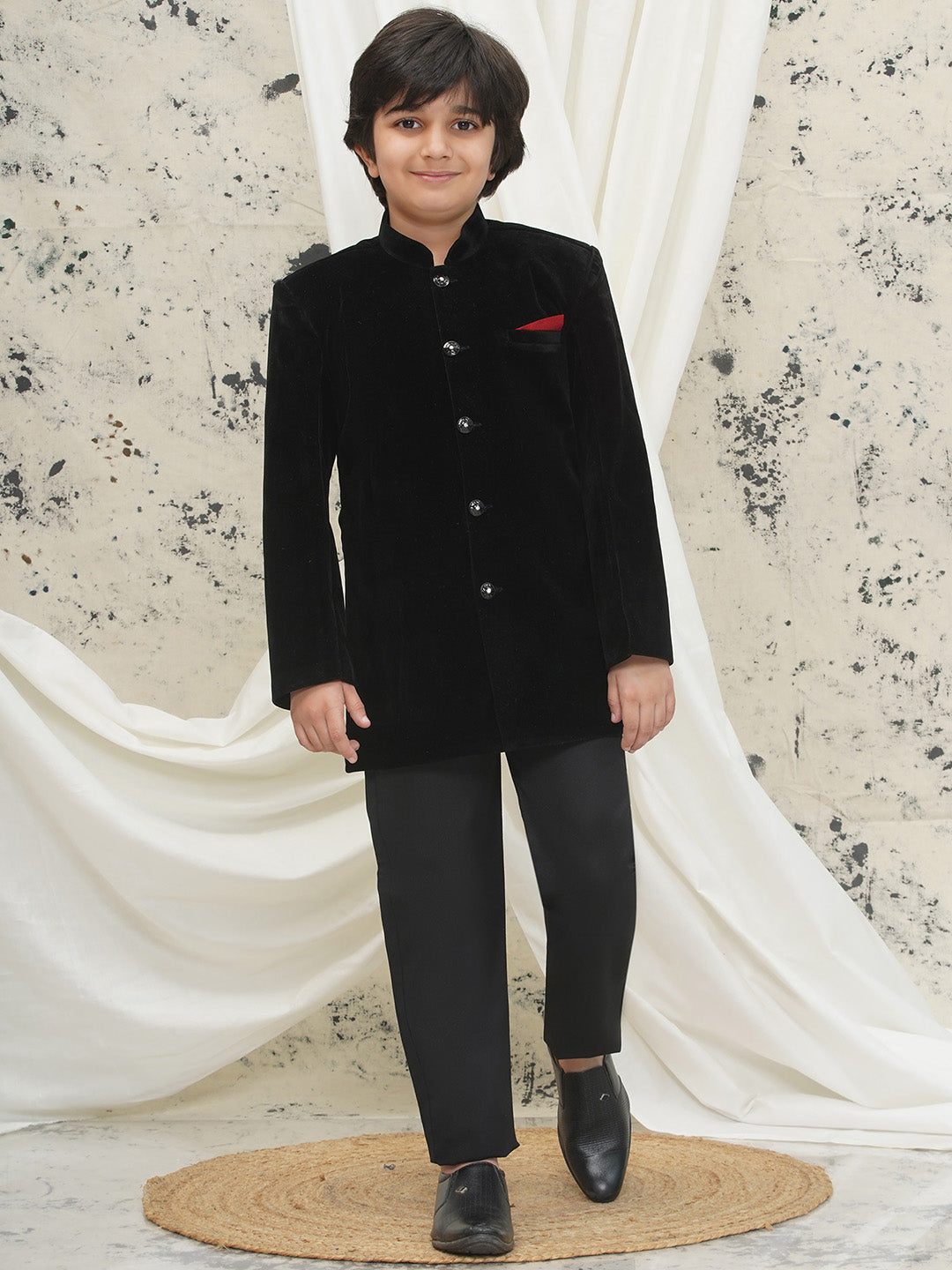 Black Full sleeves Solid Velvet Sherwani For Boys