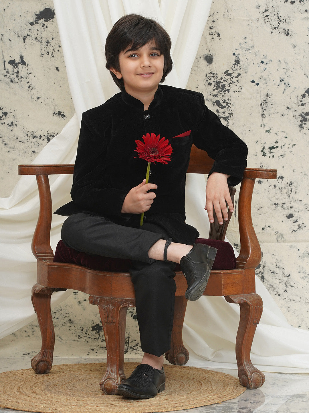 Black Full sleeves Solid Velvet Sherwani For Boys