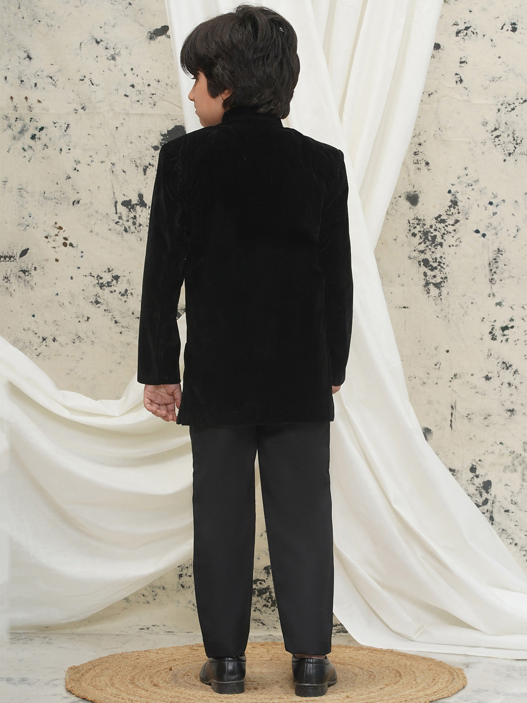 Black Full sleeves Solid Velvet Sherwani For Boys
