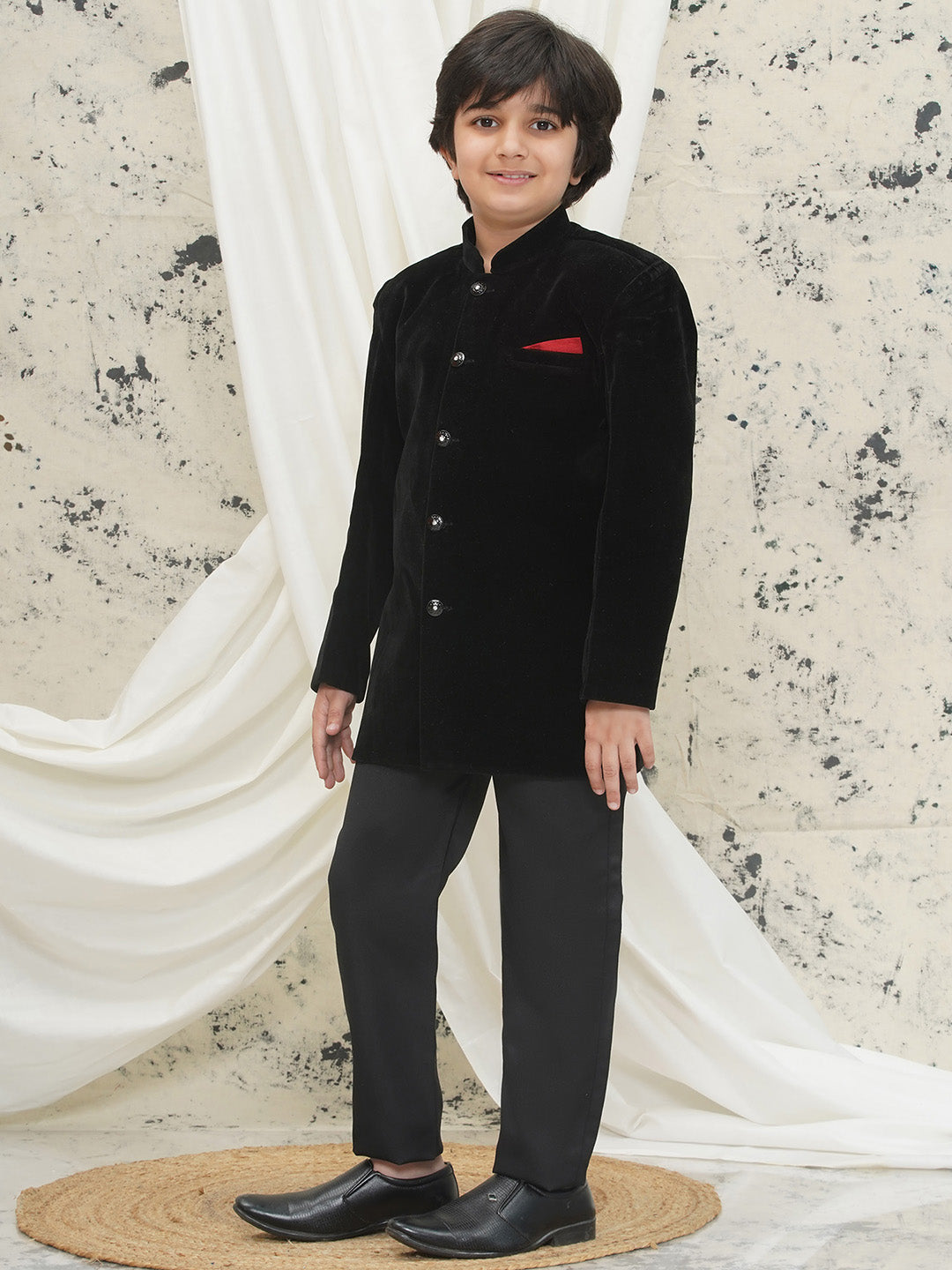 Black Full sleeves Solid Velvet Sherwani For Boys