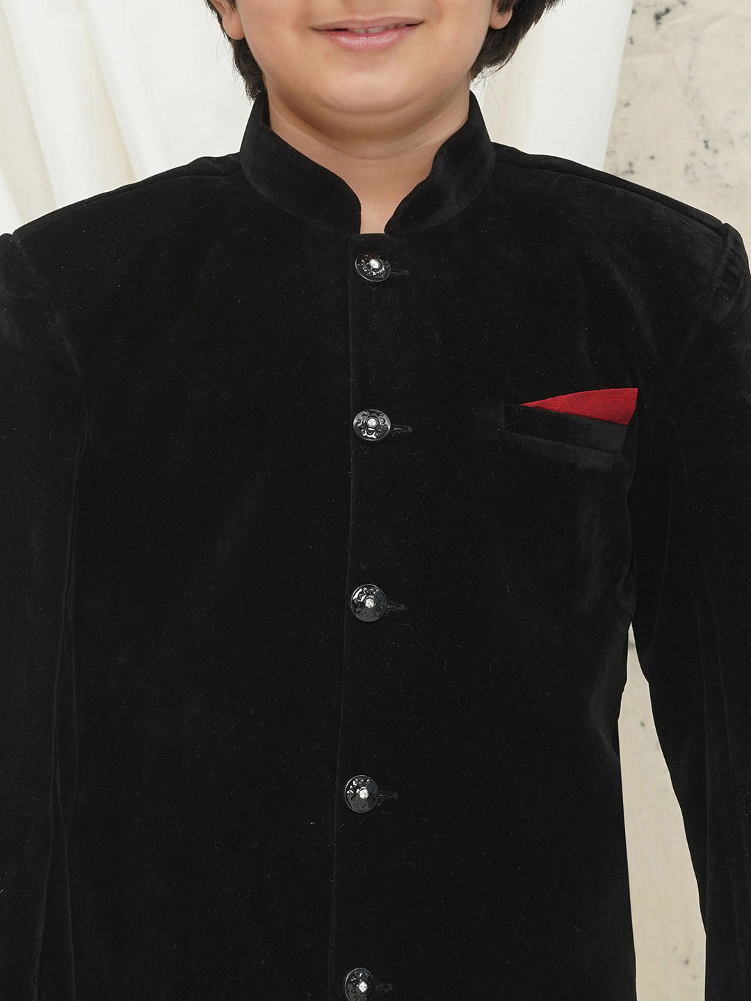 Black Full sleeves Solid Velvet Sherwani For Boys