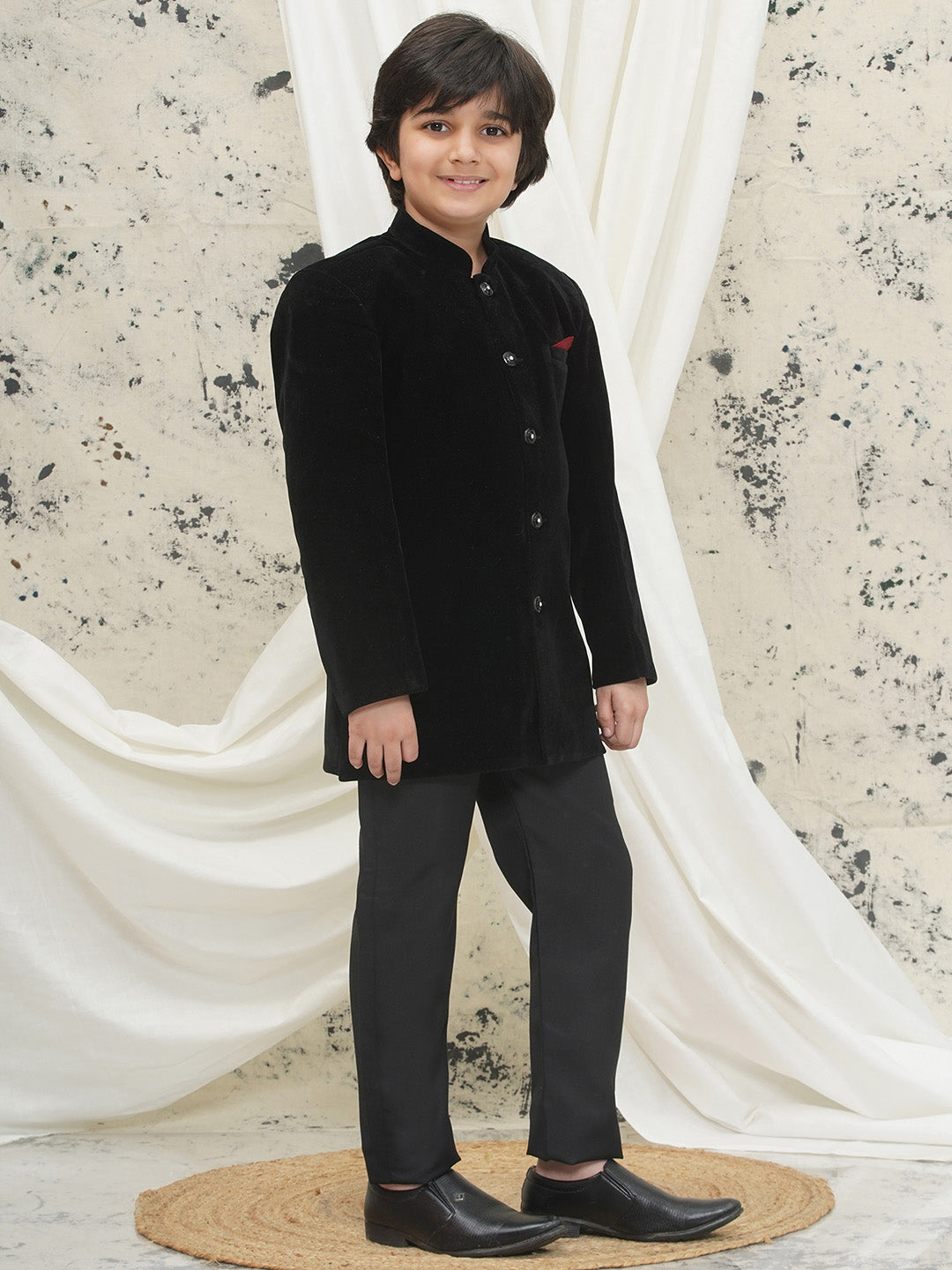 Black Full sleeves Solid Velvet Sherwani For Boys