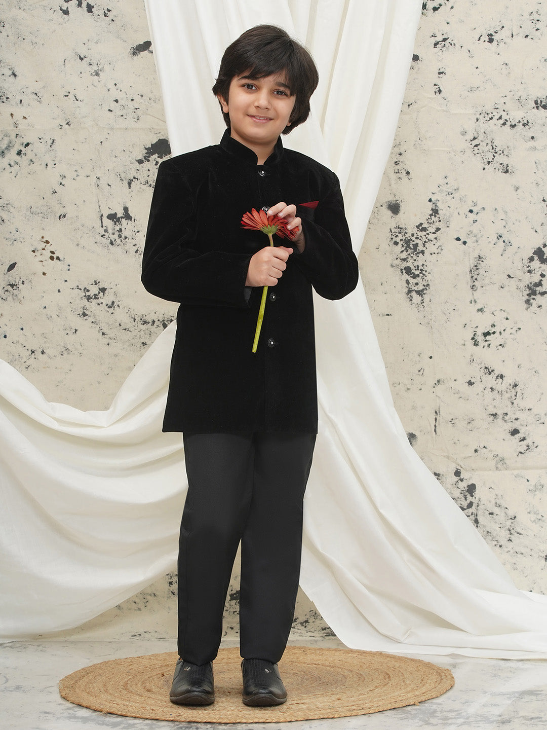 Black Full sleeves Solid Velvet Sherwani For Boys