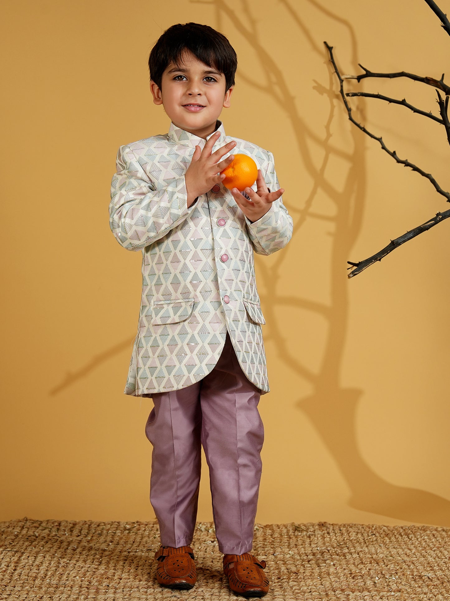 AJ Dezines Purple Cotton Blend Full sleeves Embroidered Sherwani With Pocket Square