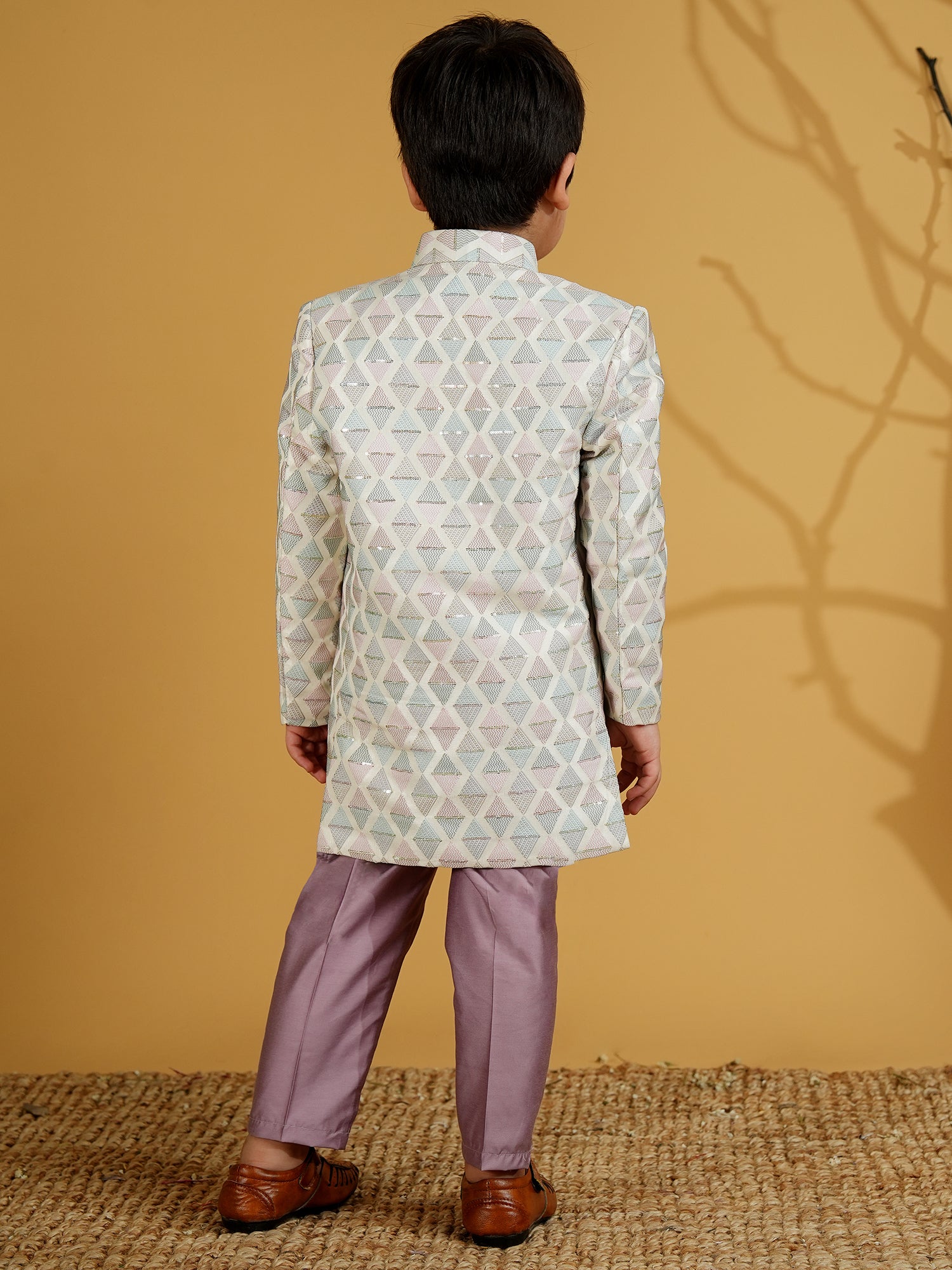 Purple Cotton Blend Full sleeves Embroidered Sherwani With Pocket Square