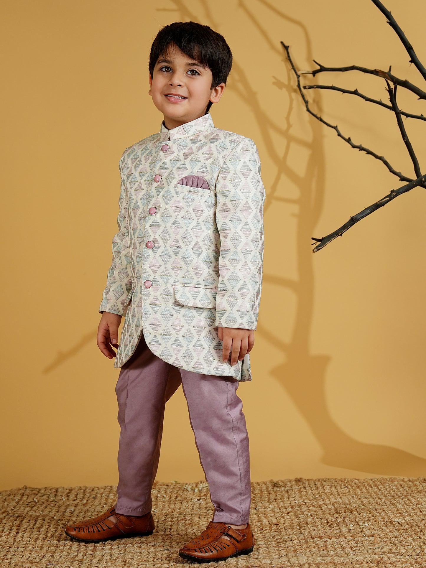 AJ Dezines Purple Cotton Blend Full sleeves Embroidered Sherwani With Pocket Square