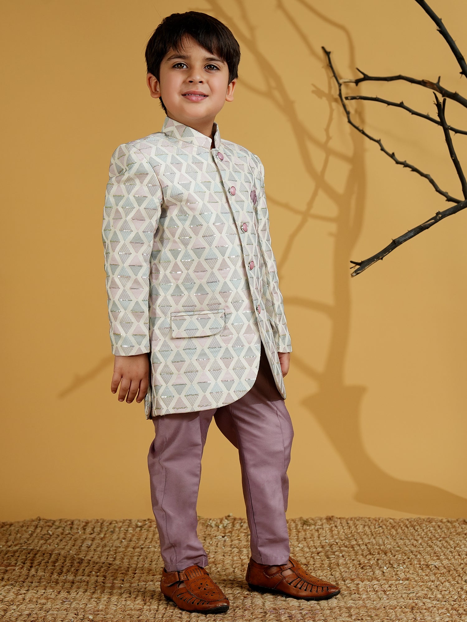 Purple Cotton Blend Full sleeves Embroidered Sherwani With Pocket Square