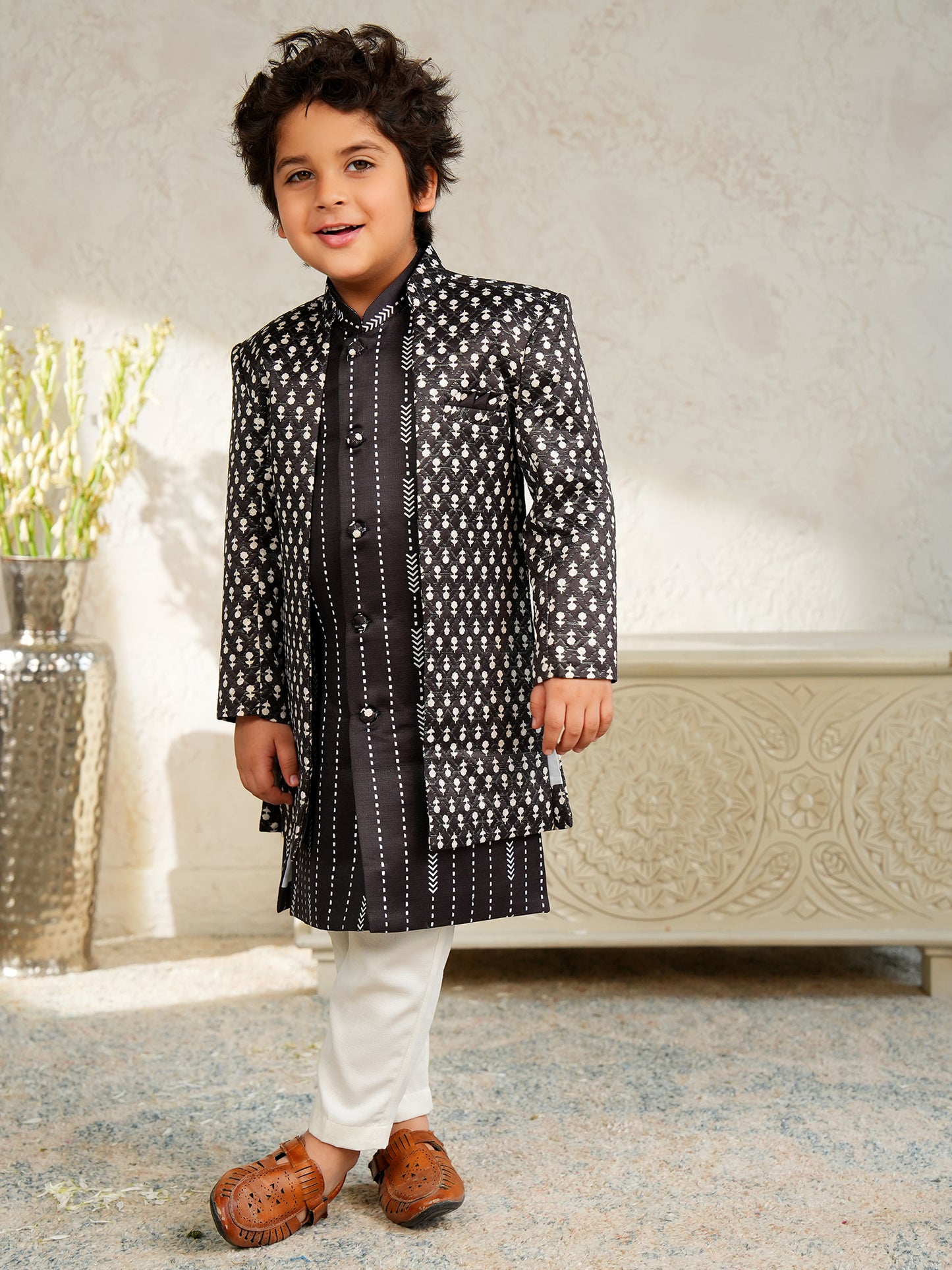 AJ Dezines Black Jacquard Full Sleeves Rich Embroidery Sherwani