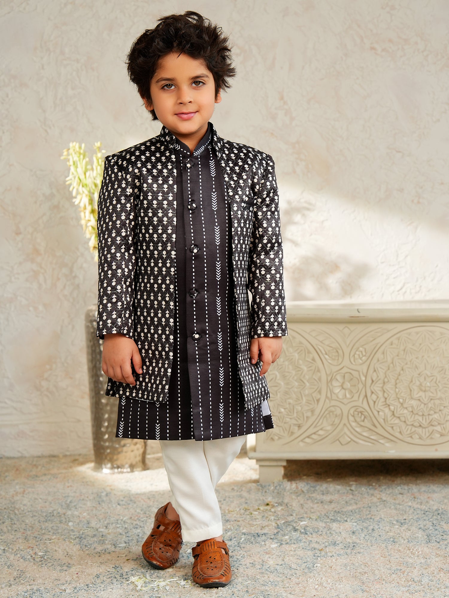 Black Jacquard Full Sleeves Rich Embroidery Sherwani