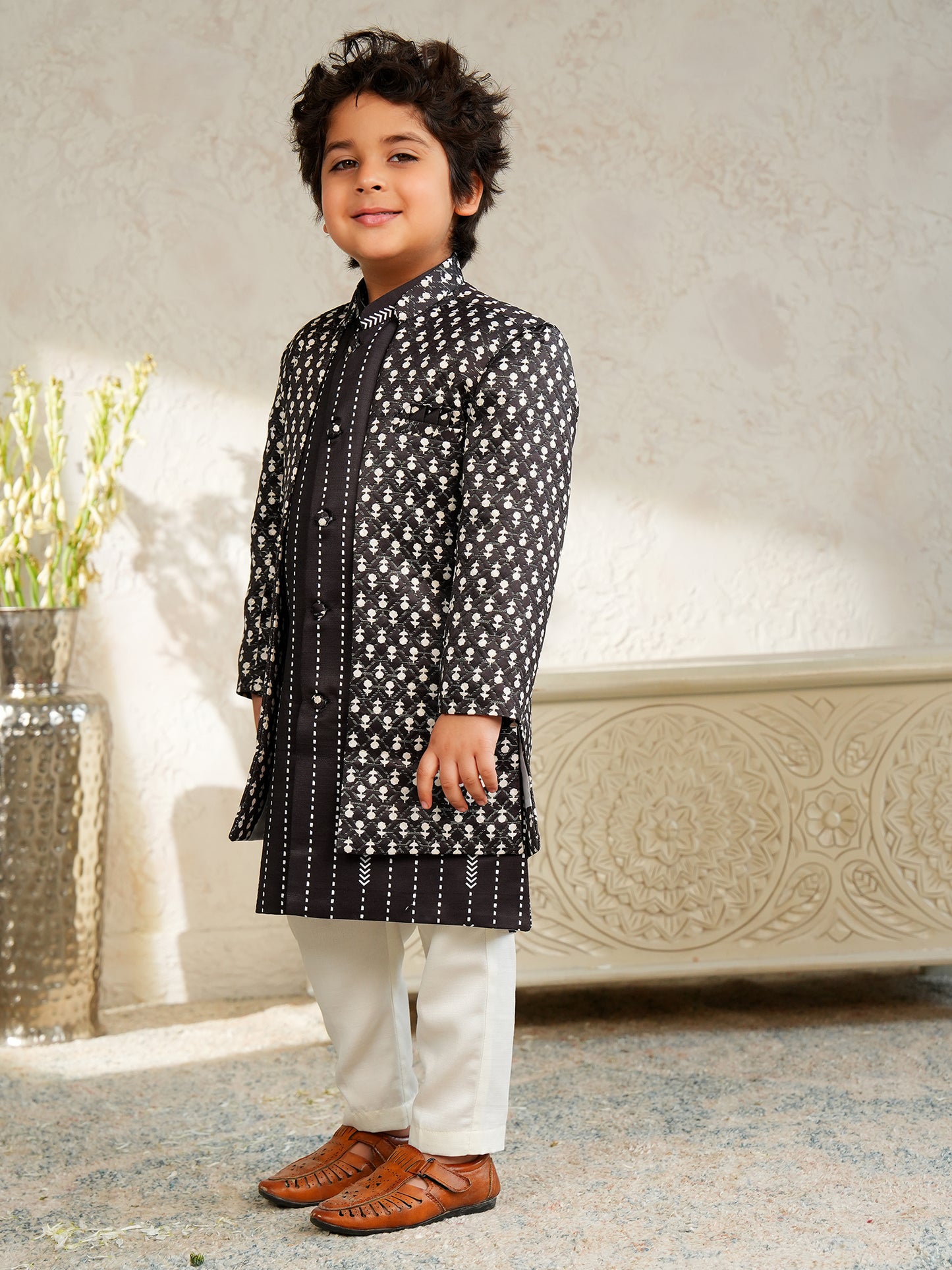 AJ Dezines Black Jacquard Full Sleeves Rich Embroidery Sherwani