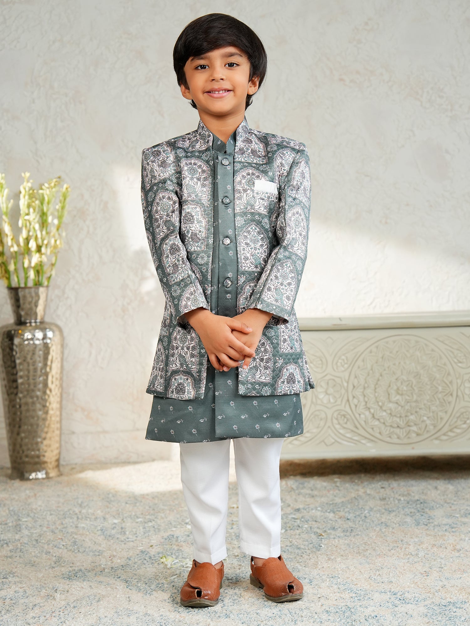 Blue Jacquard Full Sleeves Rich Floral Embroidery Sherwani