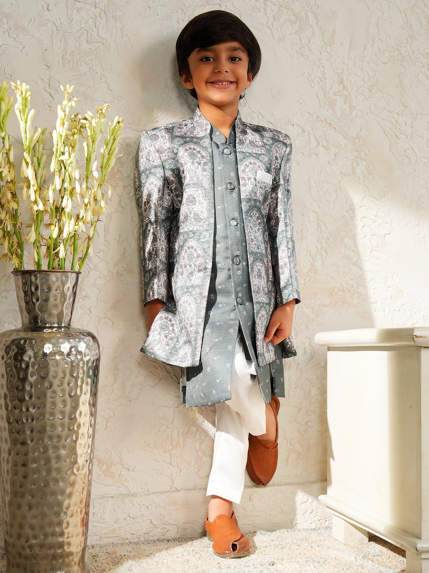 AJ Dezines Blue Jacquard Full Sleeves Rich Floral Embroidery Sherwani